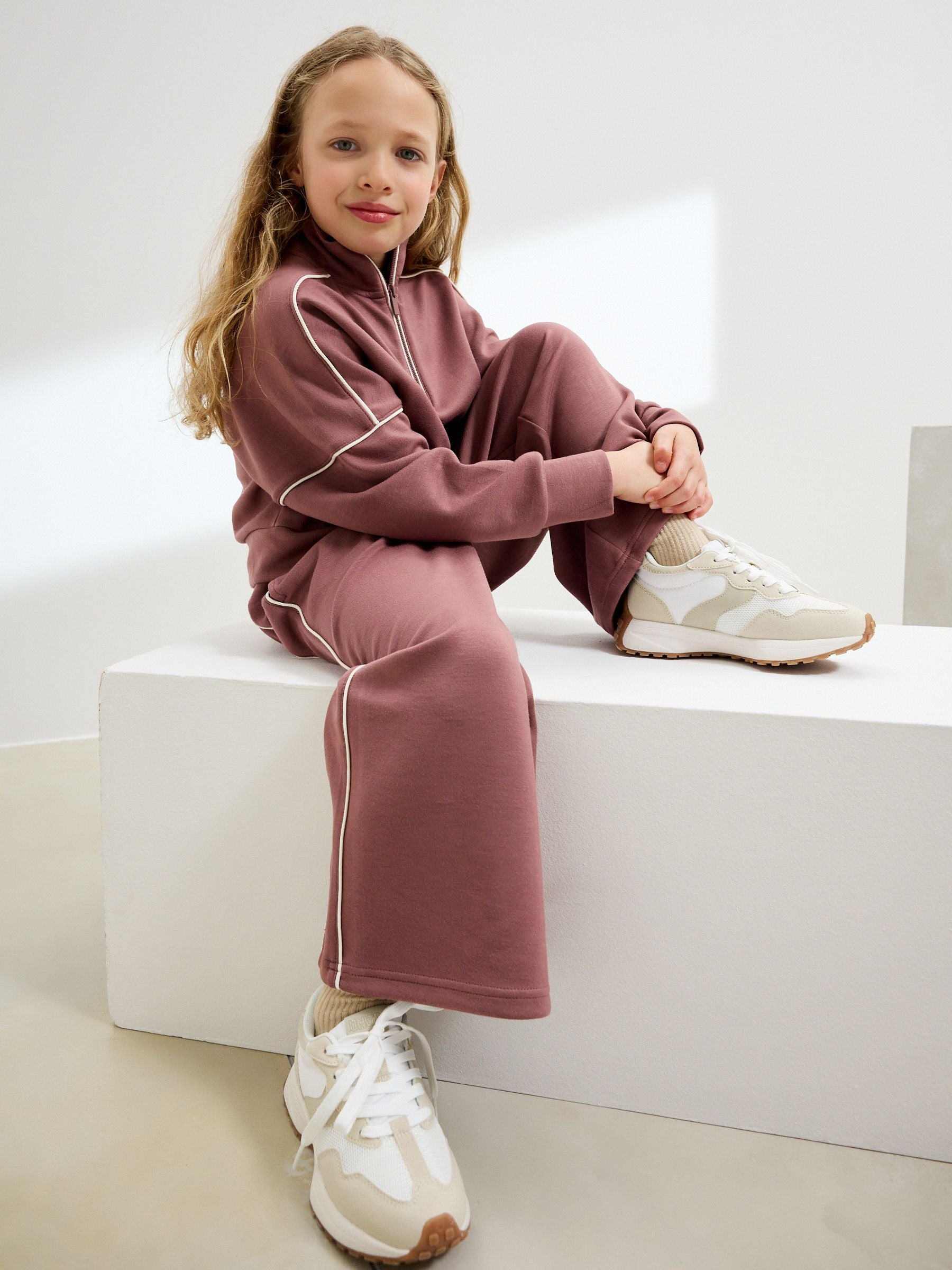 Rust Pink Supersoft Zip Neck Crew and Wide Leg Joggers Set (3-16yrs)