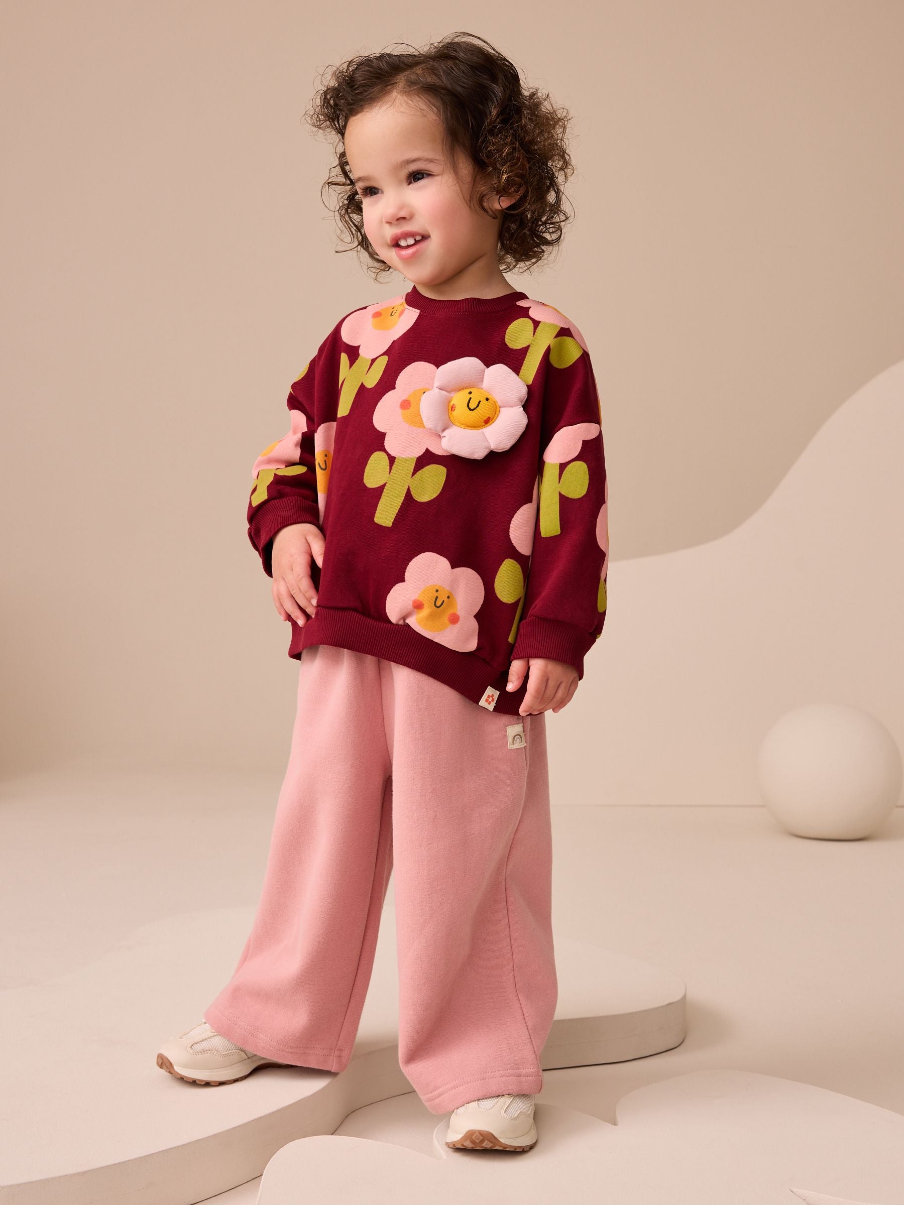 Burgundy Red Smiley Flower Print Crew Neck Sweatshirt (3mths-7yrs)