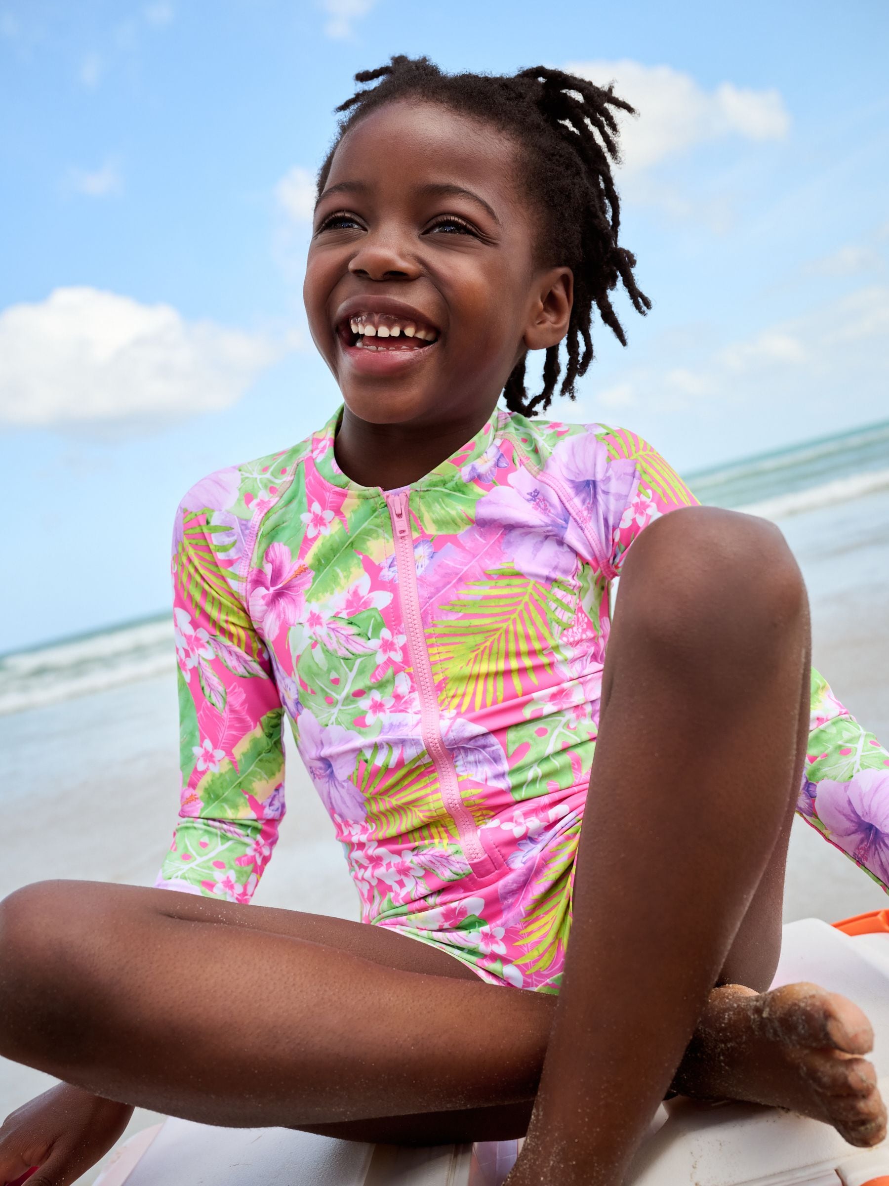 Pink Tropical Long Sleeved Shortie Swimsuit (3-16yrs)