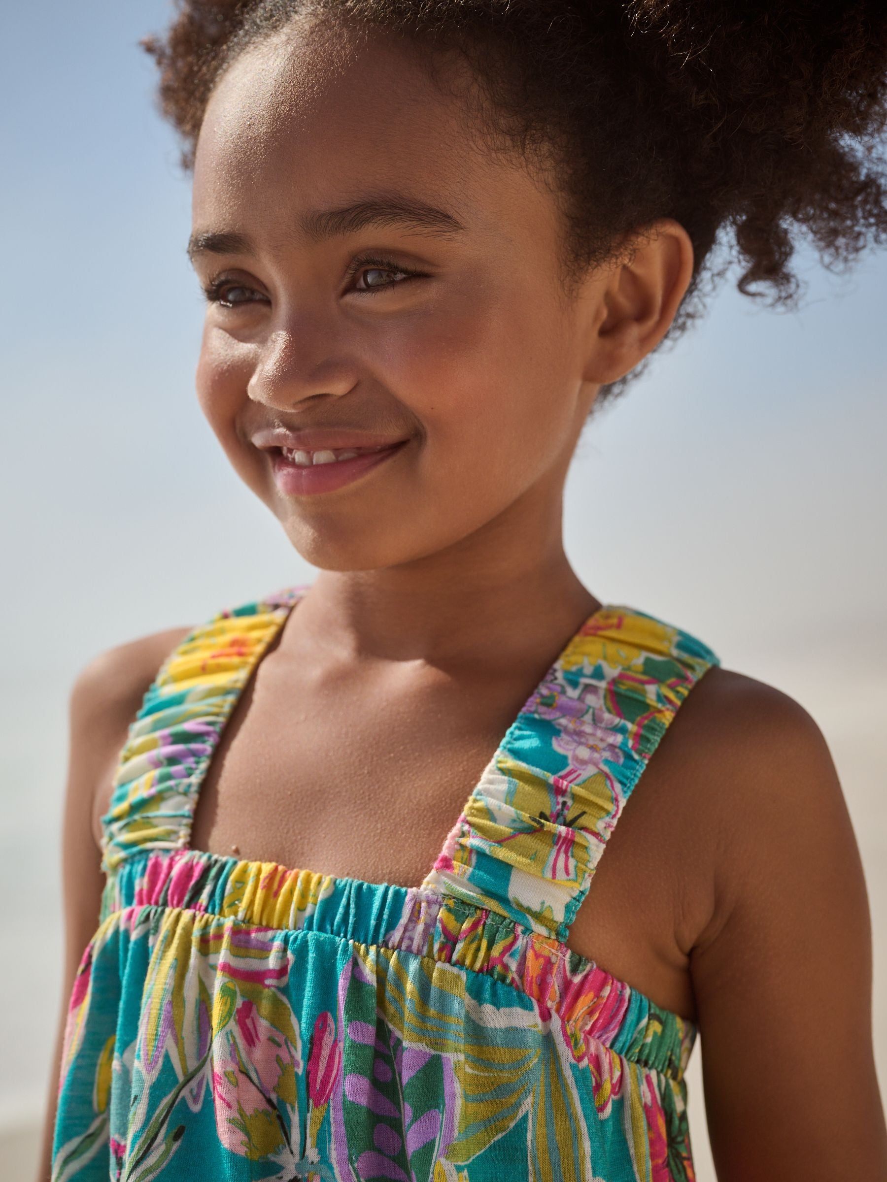 Green Tropical Print 100% Cotton Ruched Strap Sundress (3-16yrs)