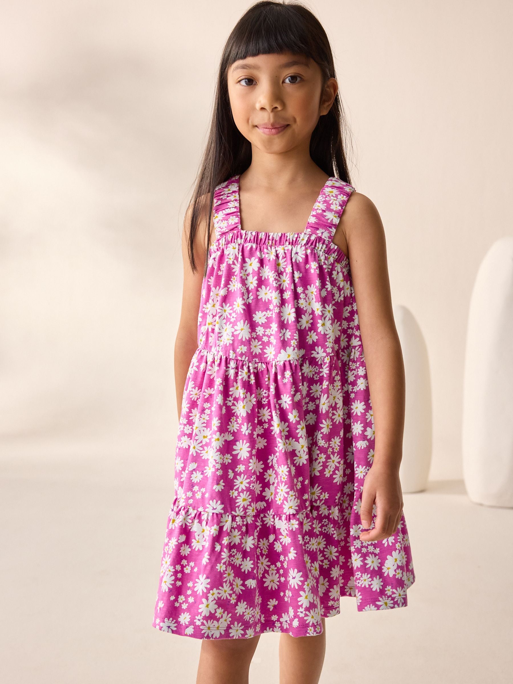 Pink Floral 100% Cotton Ruched Strap Sundress (3-16yrs)