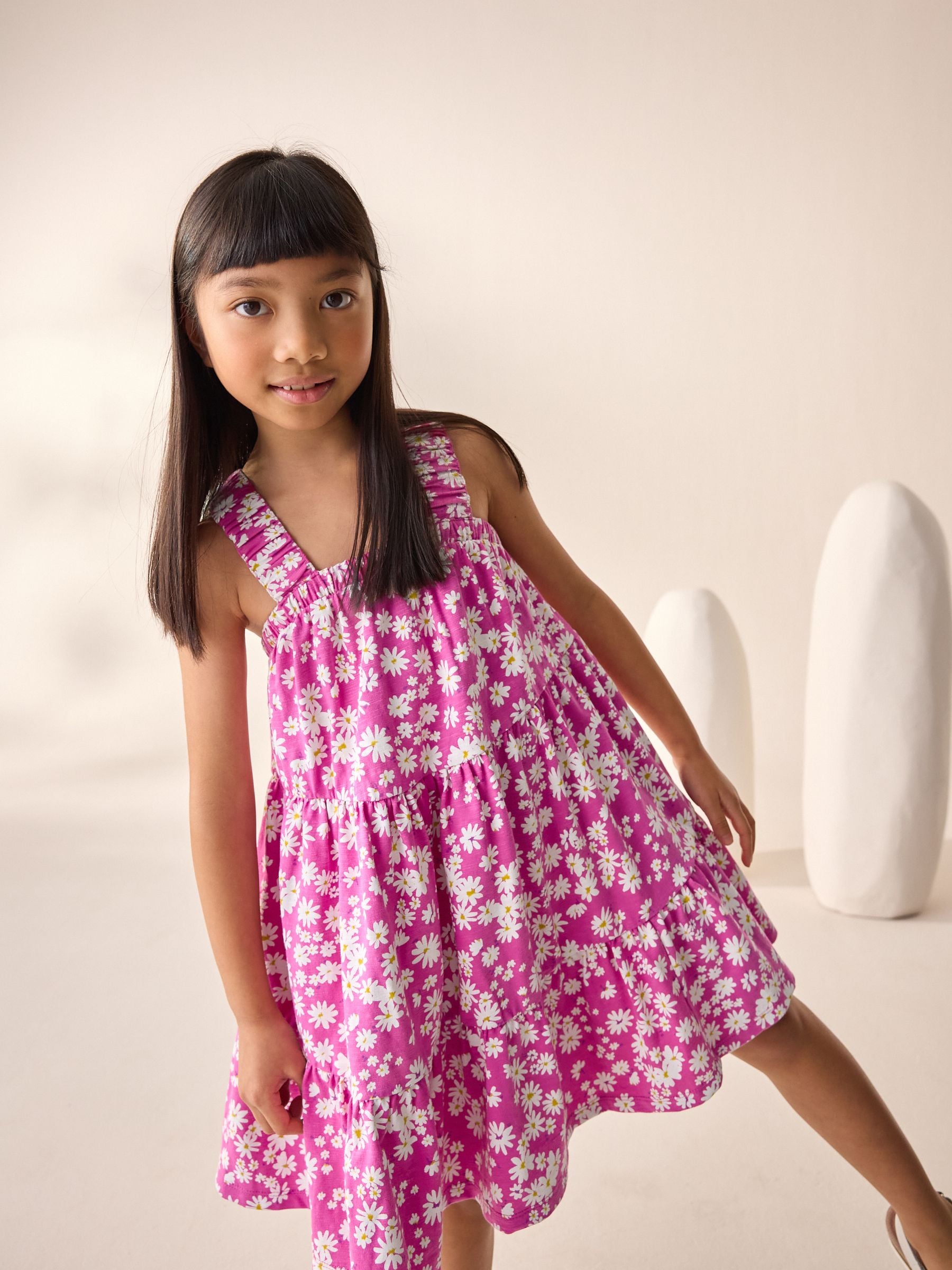 Pink Floral 100% Cotton Ruched Strap Sundress (3-16yrs)