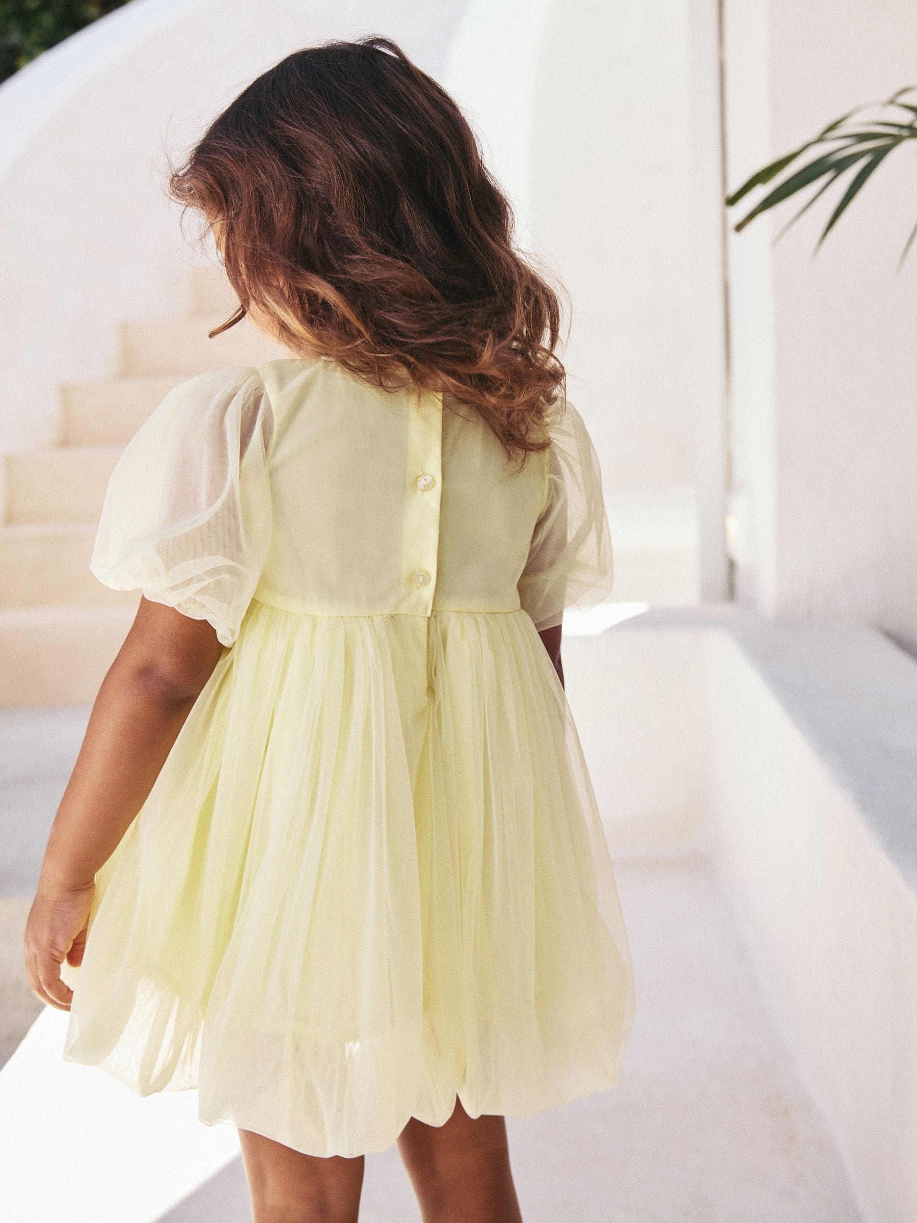 Lemon Yellow Bubble Hem Embroidered Mesh Dress (3mths-8yrs)