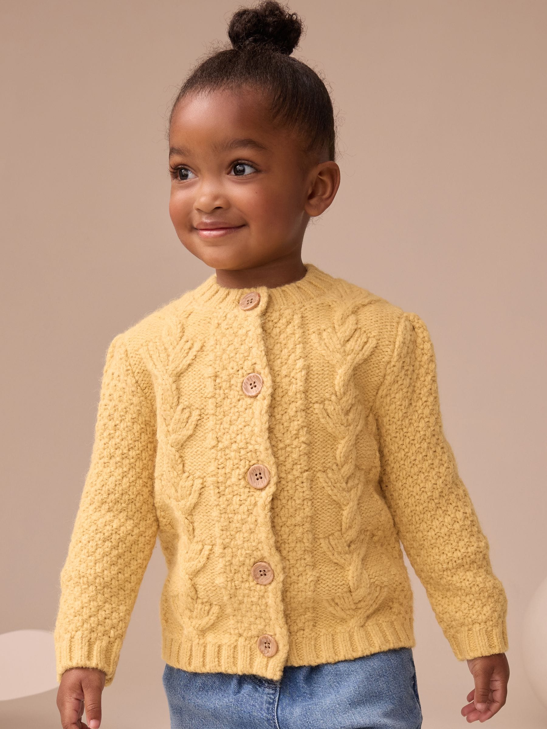 Ochre Yellow Chunky Knit Bobble Cardigan (3mths-10yrs)