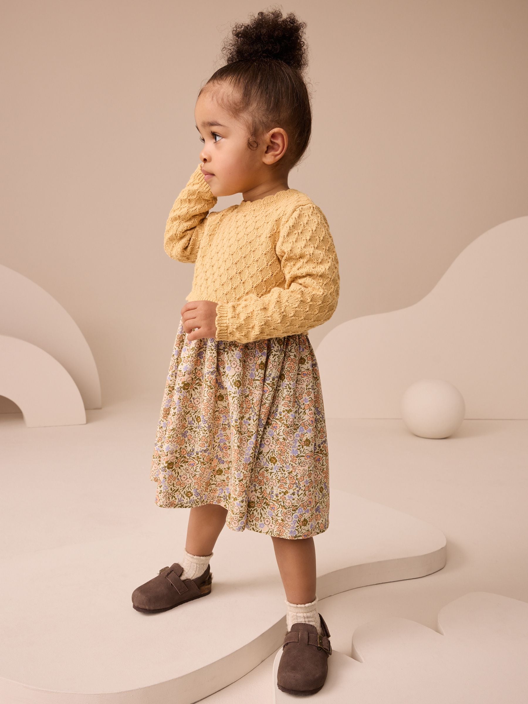 Ochre Yellow Floral Print Knit Dress (3mths-7yrs)