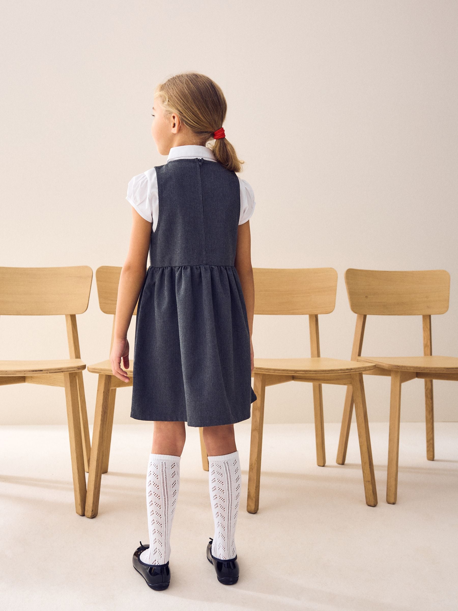 Grey Asymmetric Bow Front School Pinafore Dress (3-14yrs)