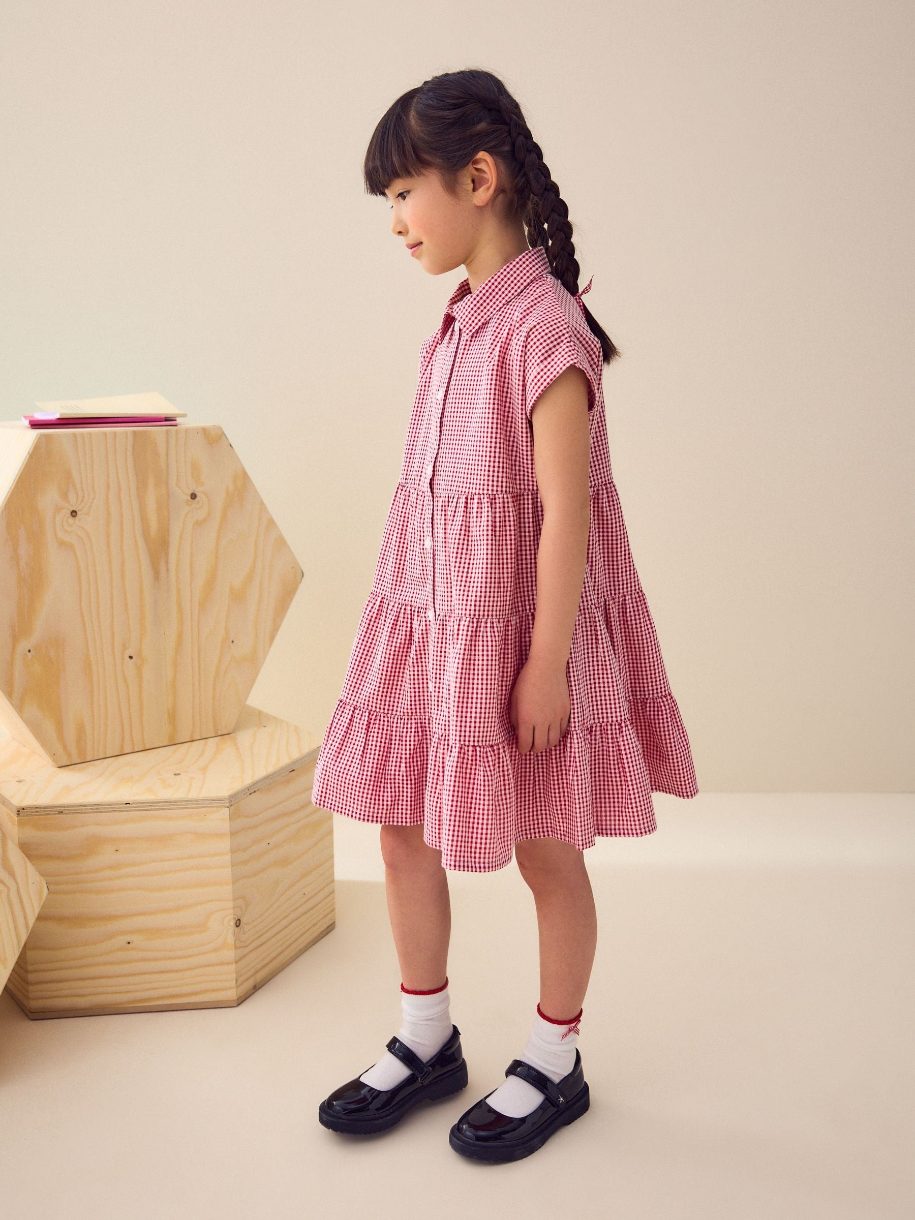Red Cotton Rich School Gingham Tiered Shirt Collar Dress (3-14yrs)