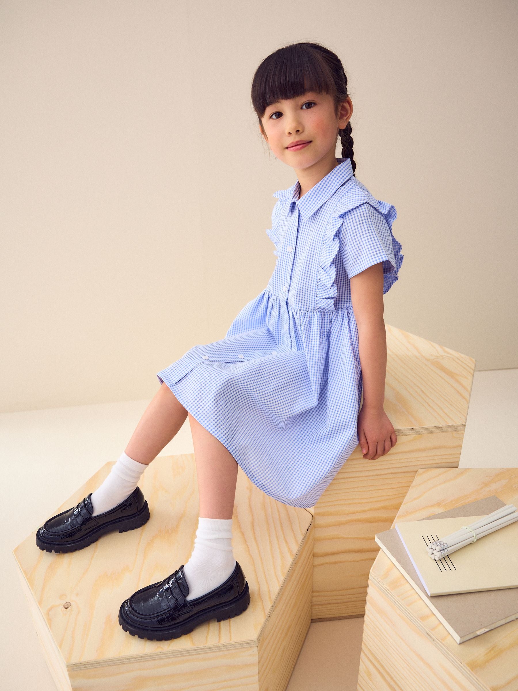 Blue Cotton Rich Frill Gingham School Dress (3-14yrs)
