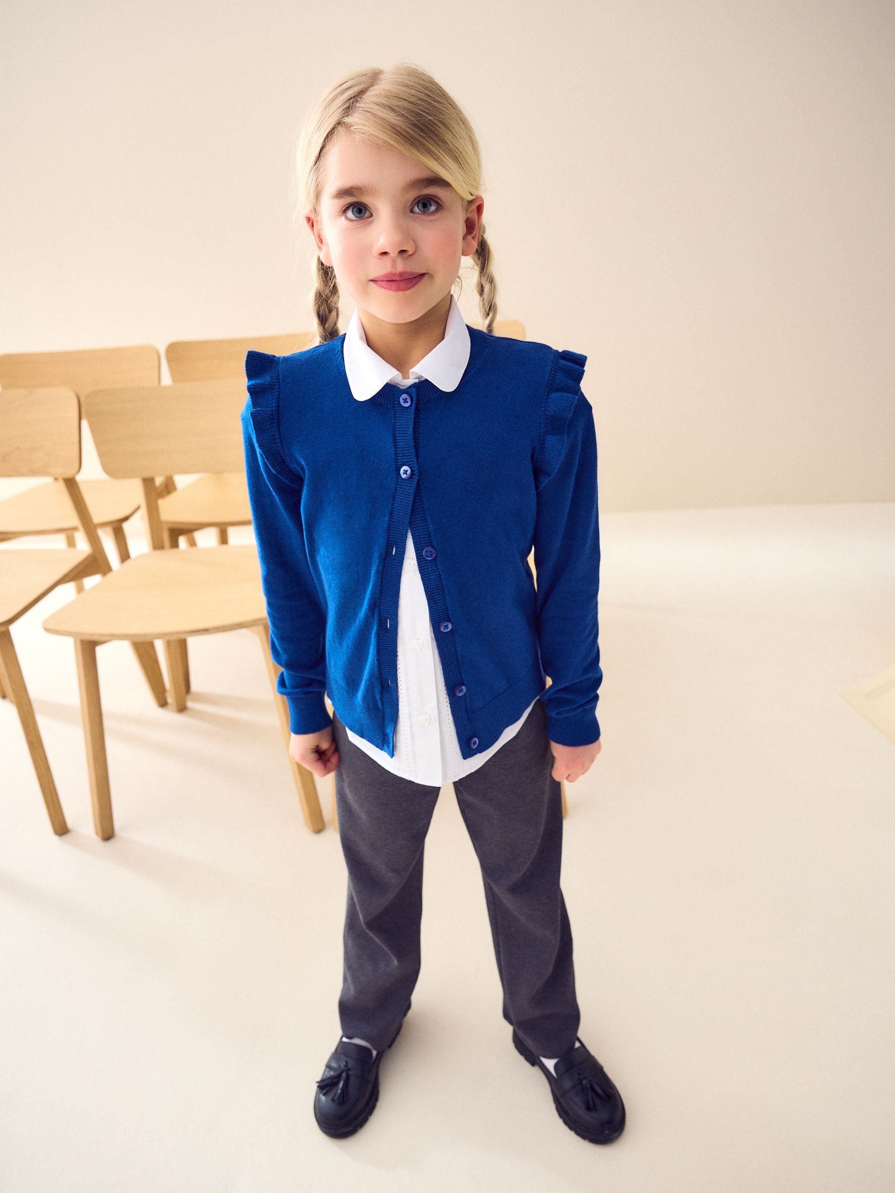 Blue Cotton Rich Frill Shoulder School Cardigan (3-16yrs)