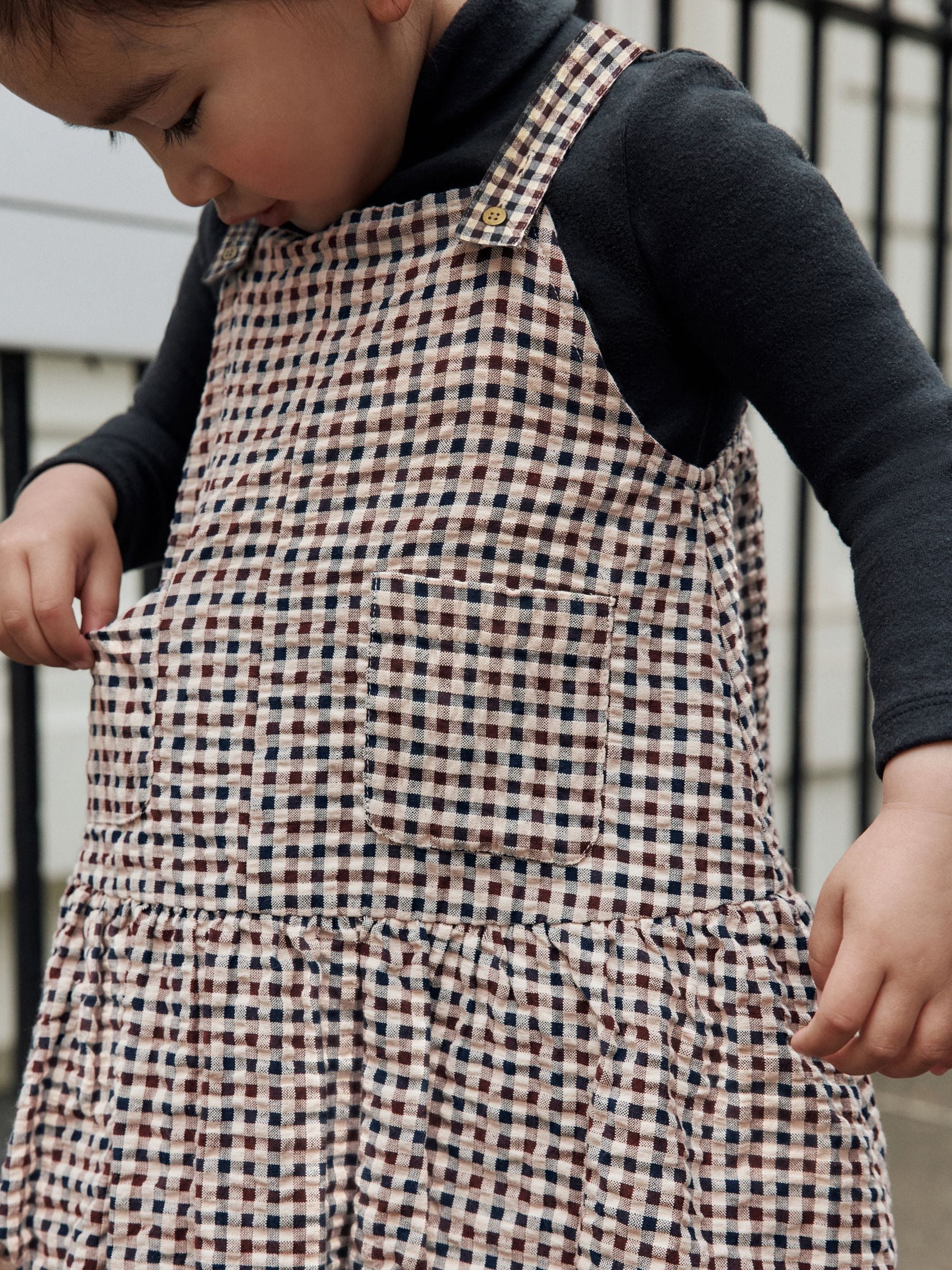 Neutral Check Bubble Hem Pinafore Dress (3mths-8yrs)