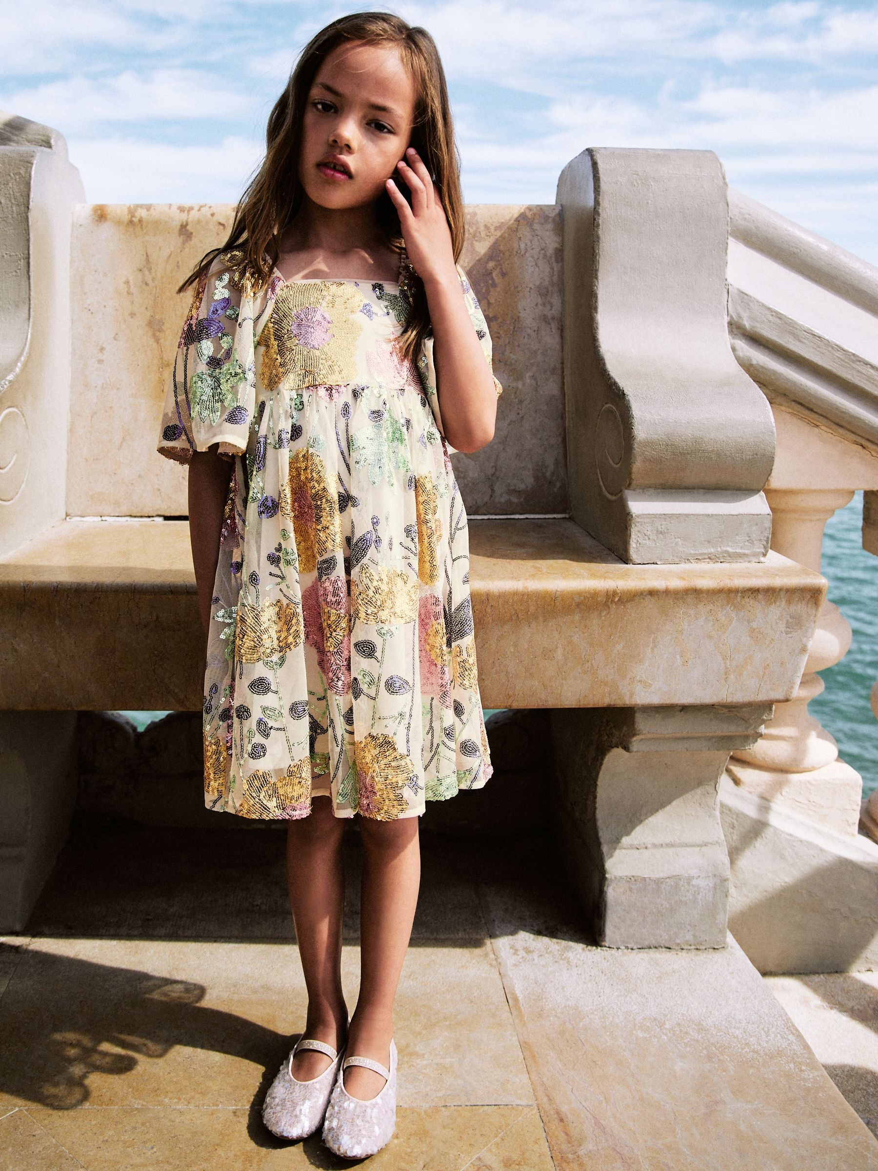 Multi Sequin Flower Print Angel Sleeve Dress (3-16yrs)