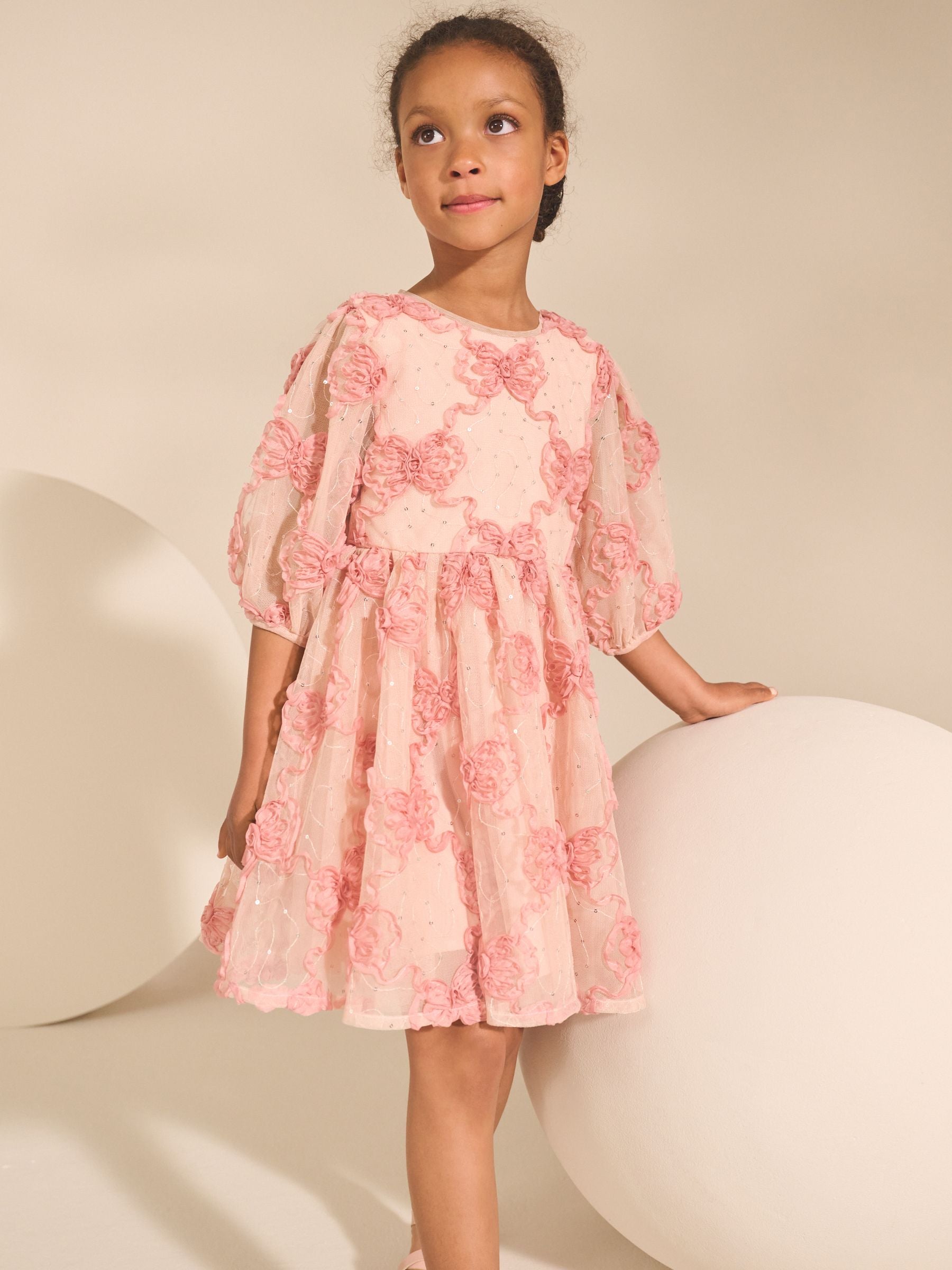 Pink Bow Embellished Mesh Dress (3-16yrs)