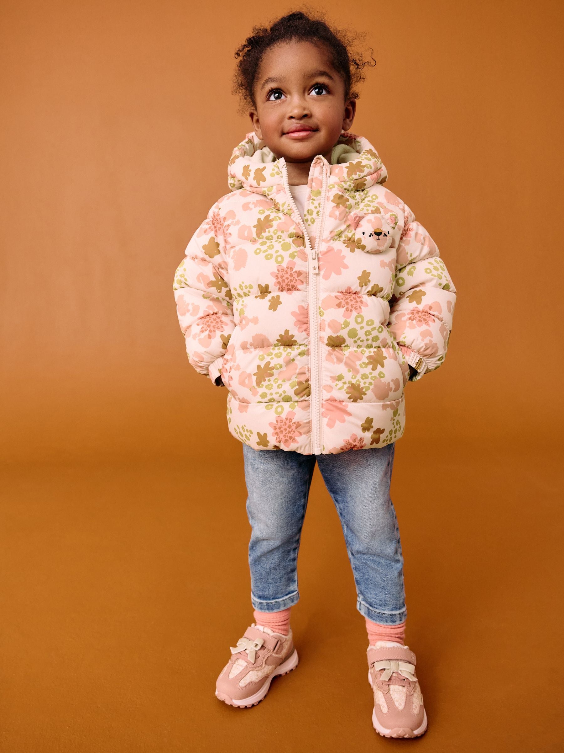 Pink Floral Shower Resistant Fleece Lined Hooded Padded Coat (3mths-7yrs)