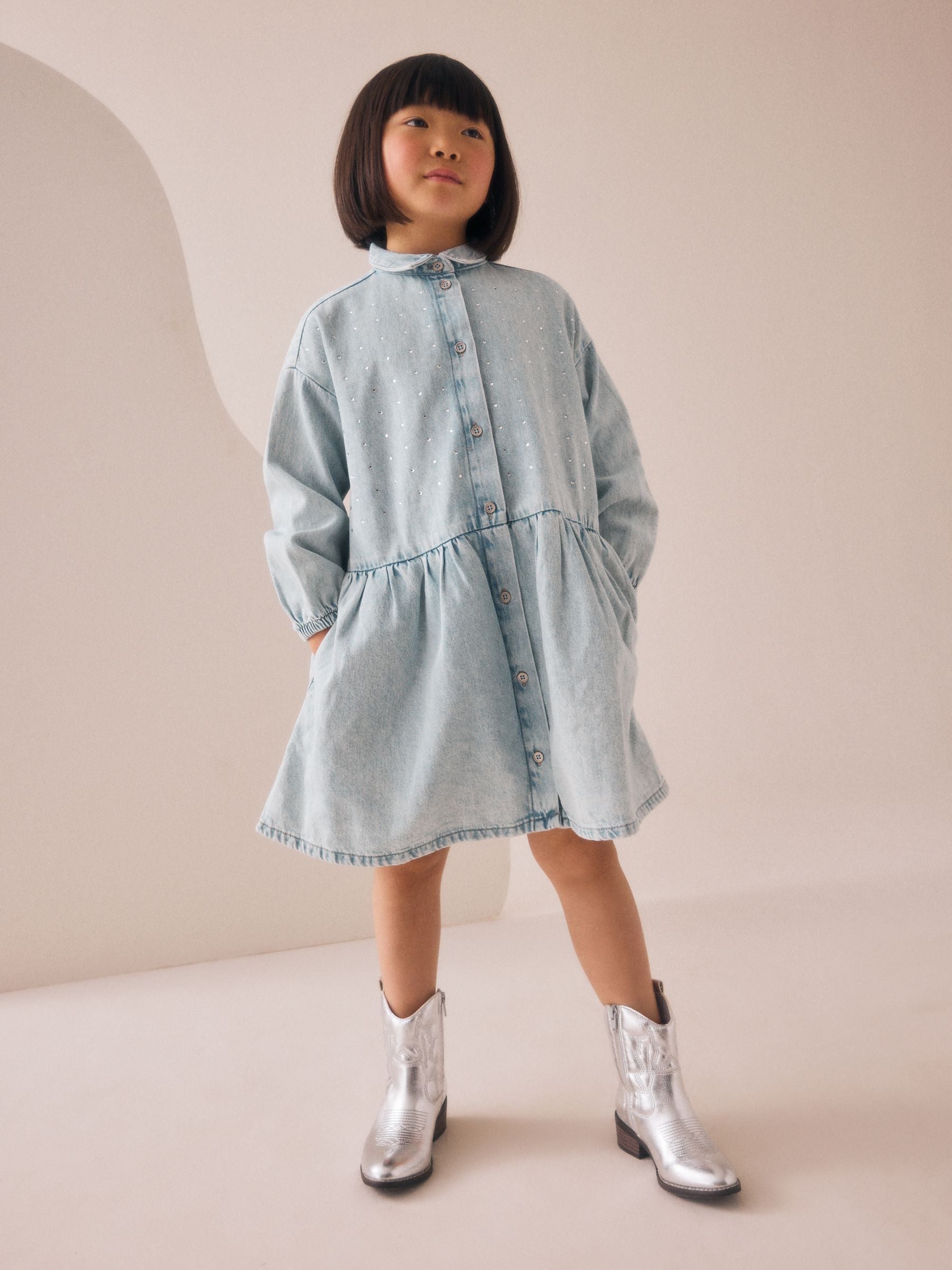 Pale Wash Denim Diamante Shirt Dress (3-16yrs)