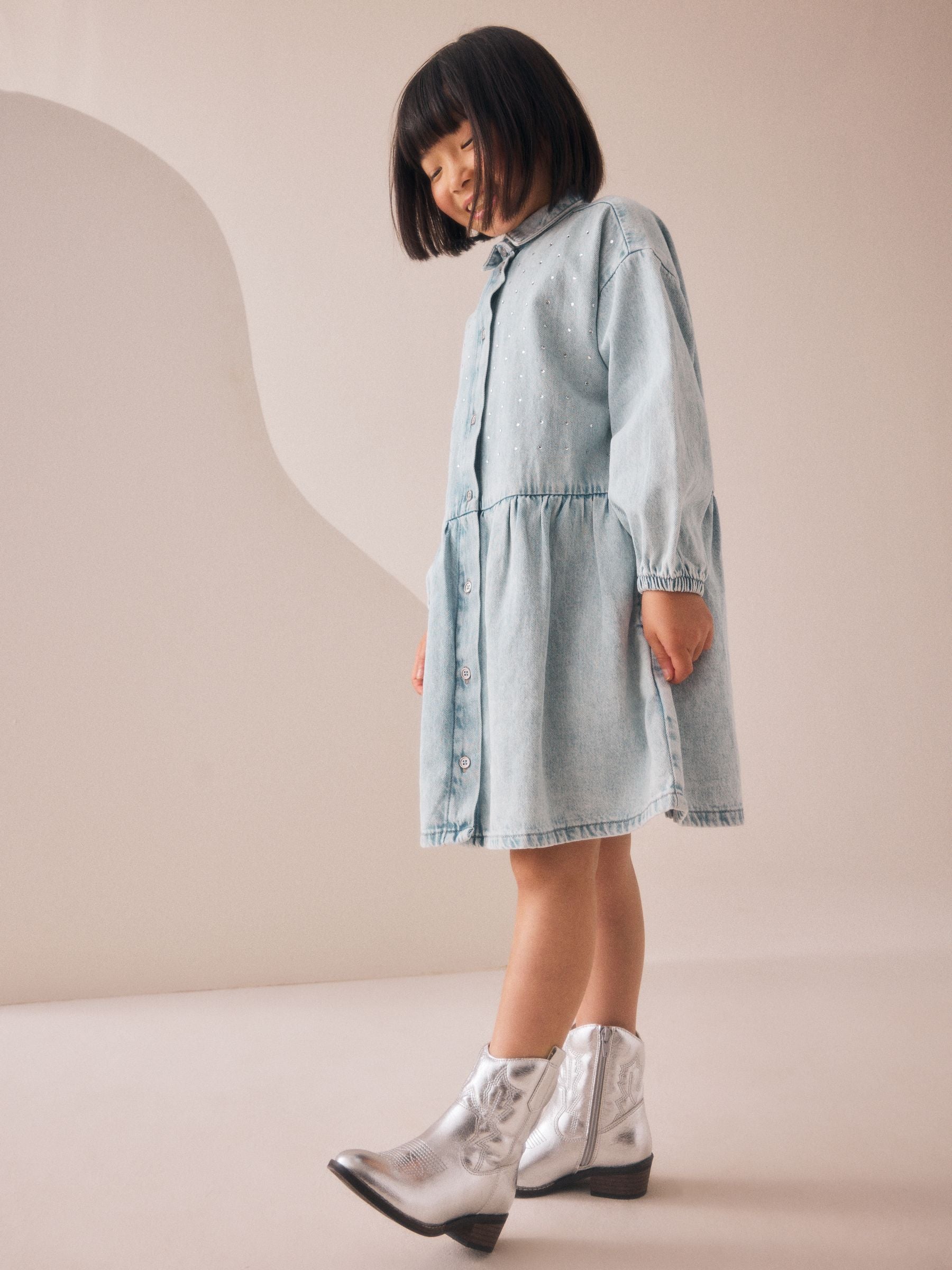 Pale Wash Denim Diamante Shirt Dress (3-16yrs)
