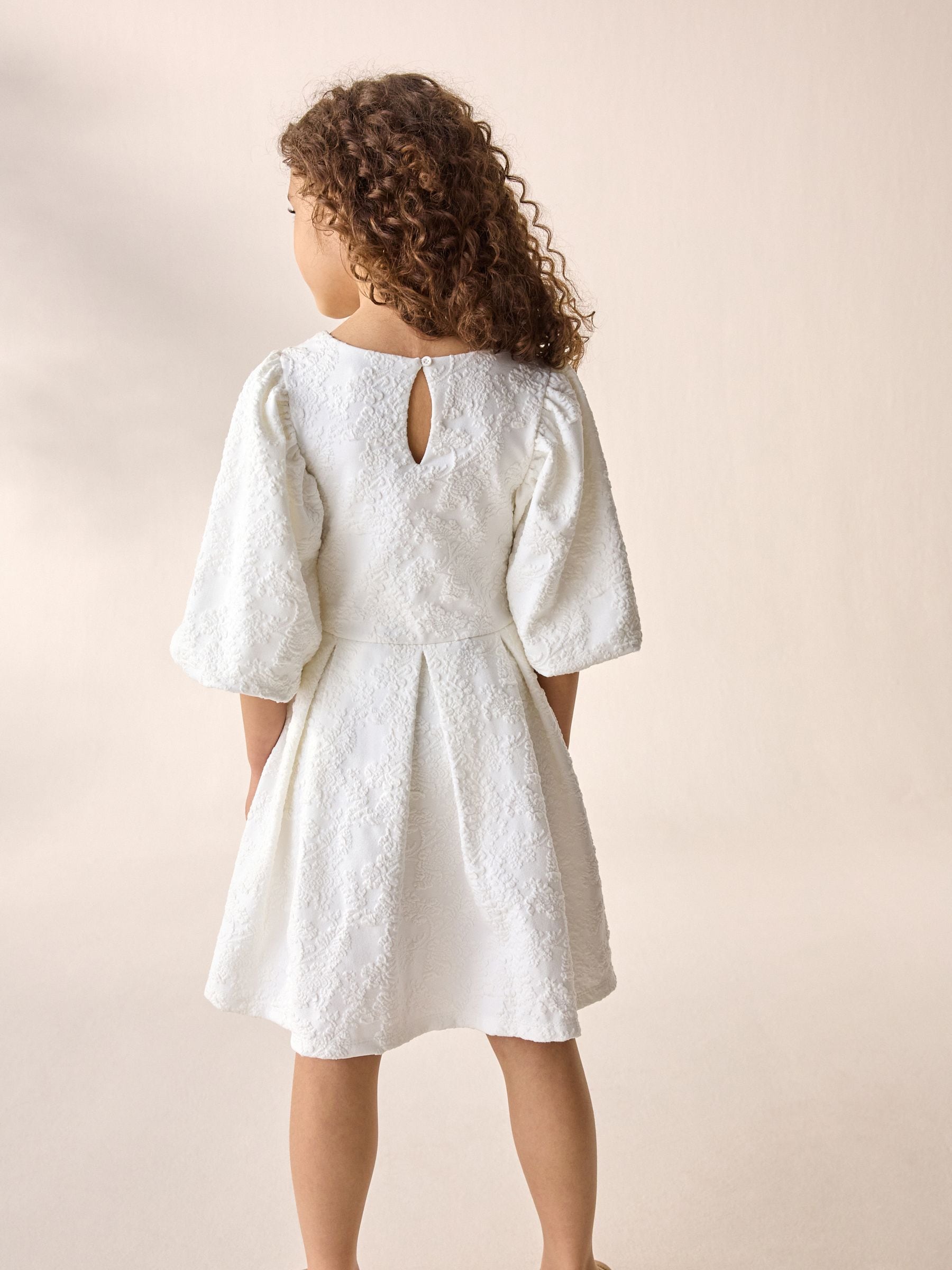 Cream Textured Puff Sleeve Occasion Dress (3-16yrs)