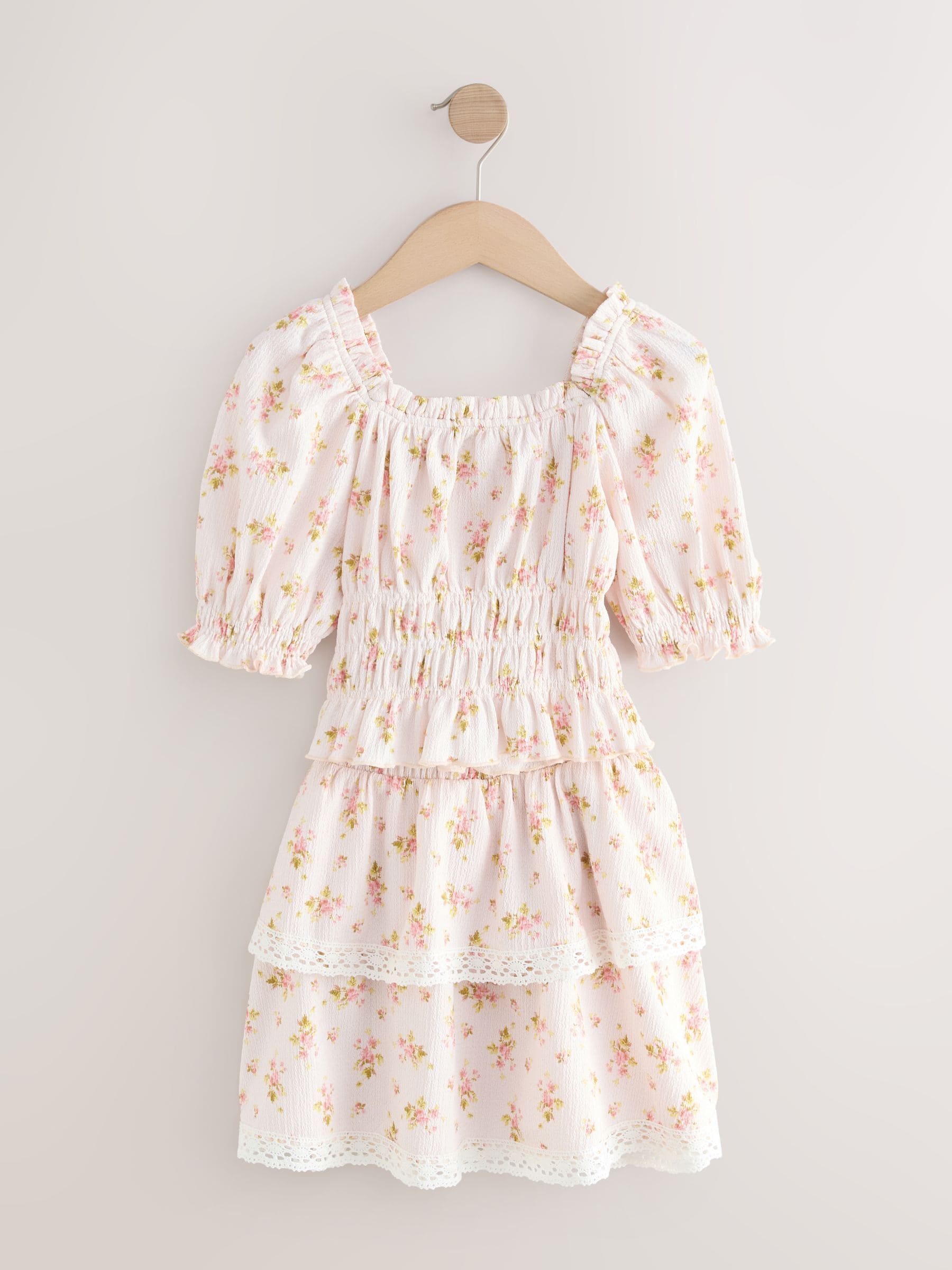 Pink Textured Floral Shirred Bardot Top & Skirt Set (3-16yrs)