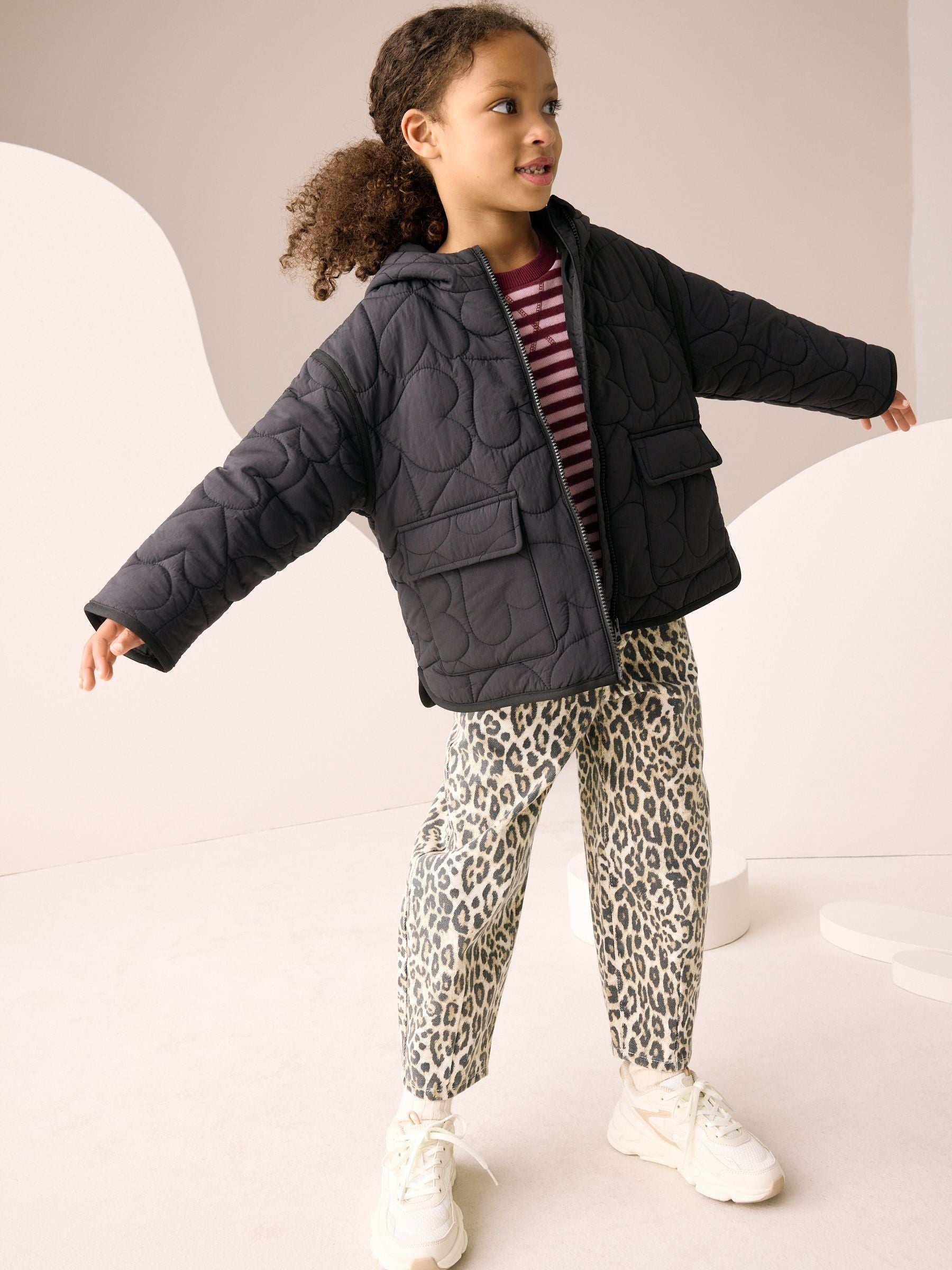 Black Shower Resistant Heart Quilt Padded Jacket (3-16yrs)