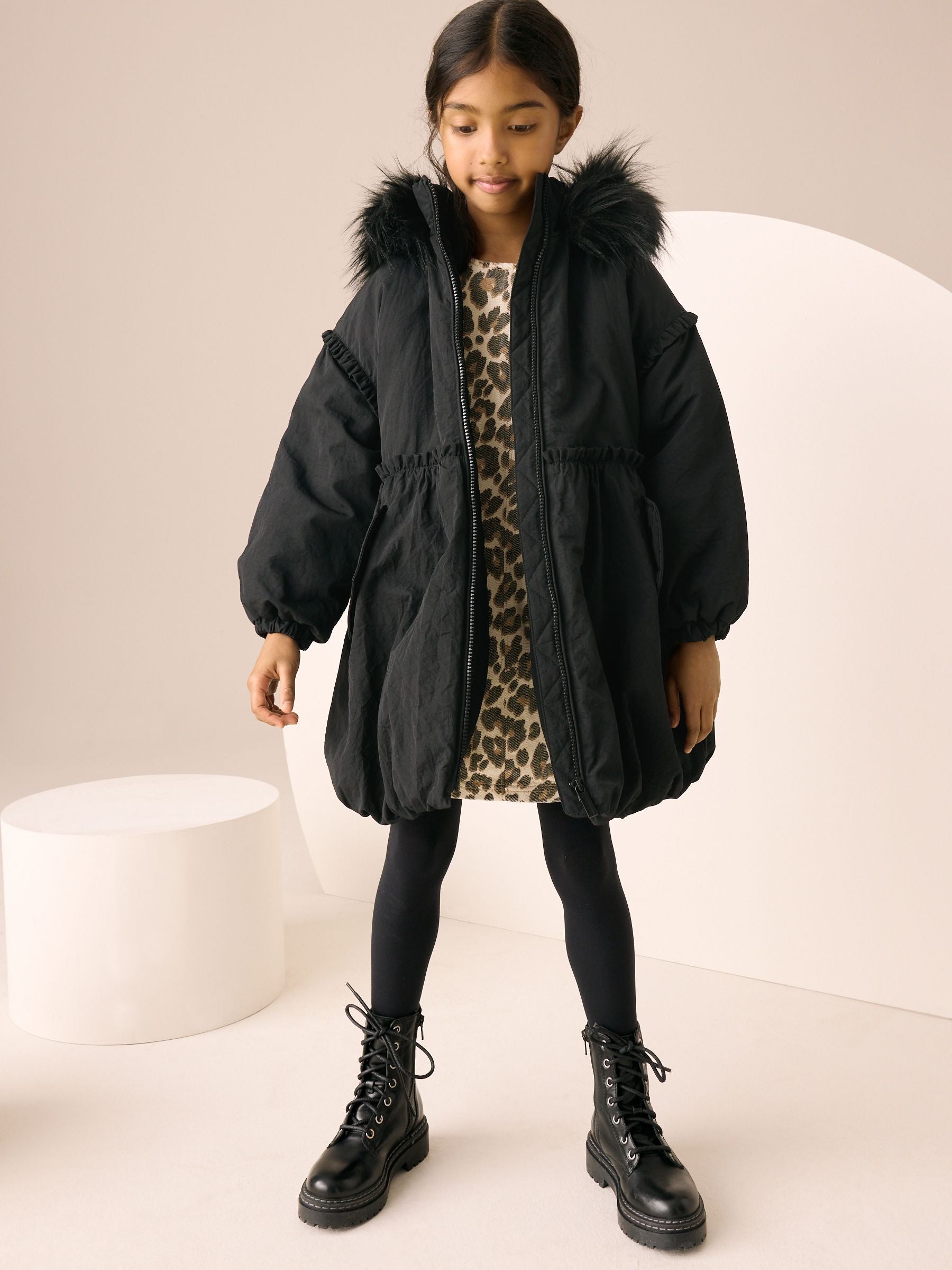 Black Shower Resistant Puffball Hem Padded Coat (3-16yrs)