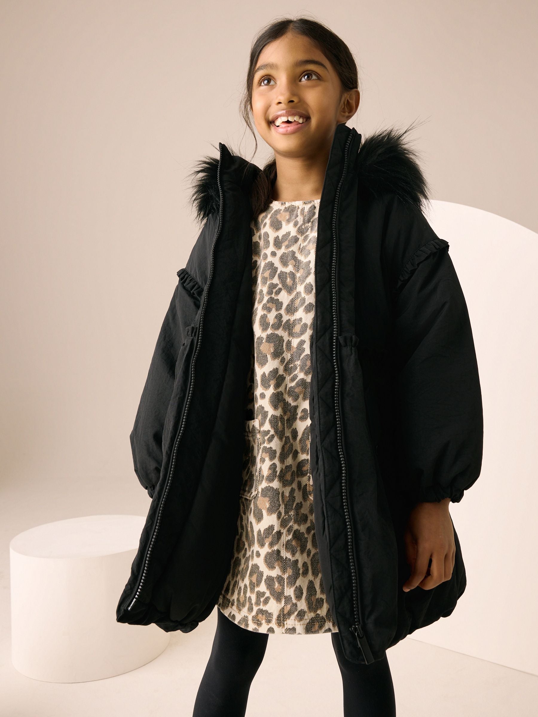 Black Shower Resistant Puffball Hem Padded Coat (3-16yrs)