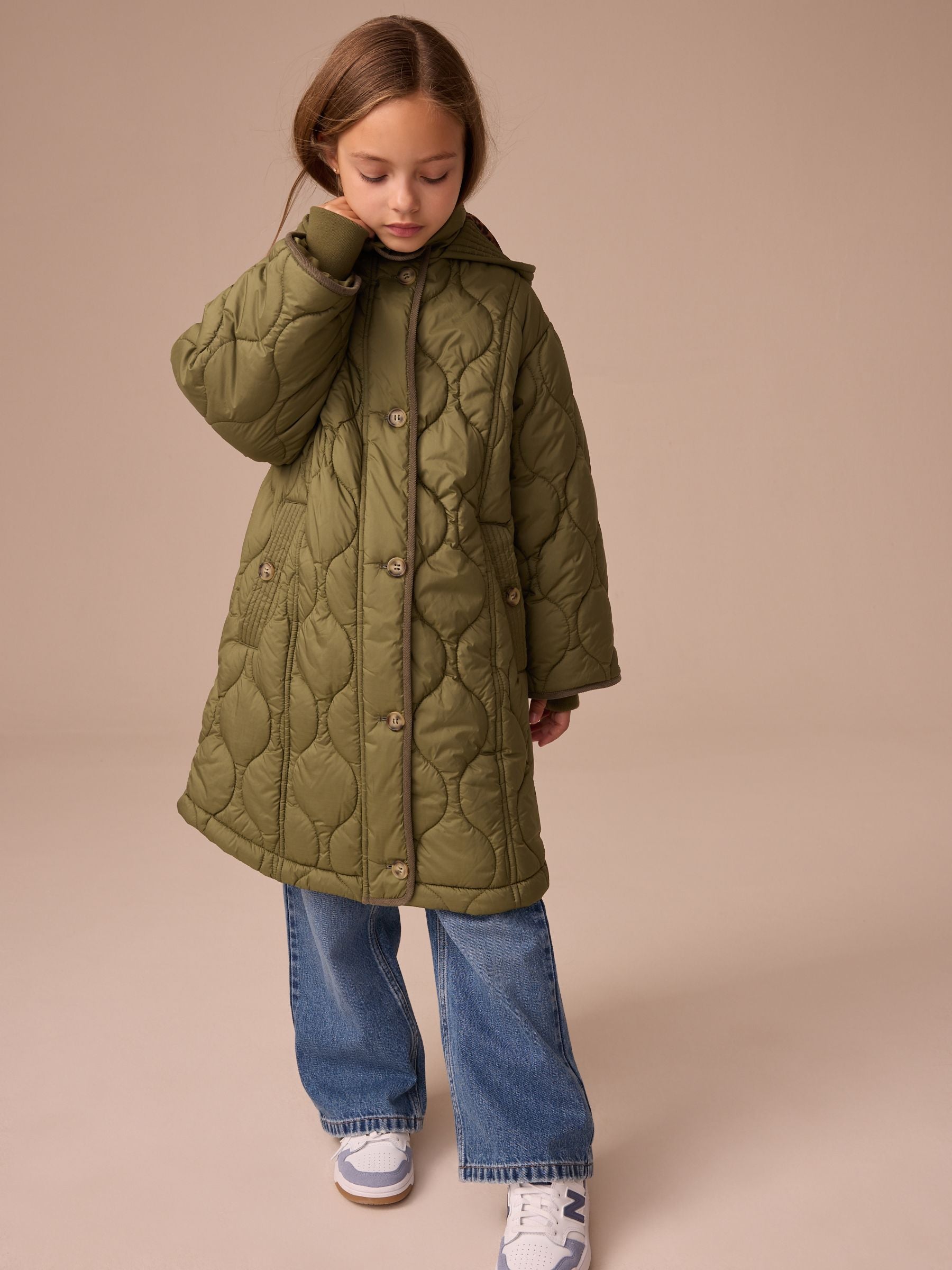 Khaki/Green Shower Resistant Hooded Padded Coat (3-16yrs)