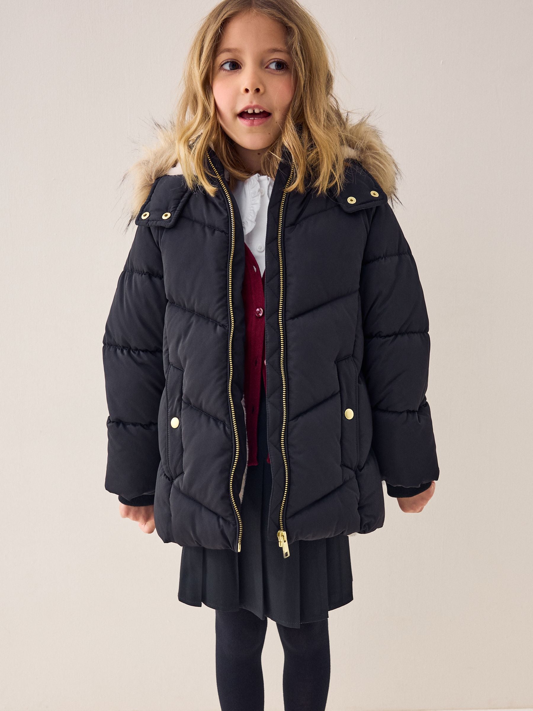 Black Shower Resistant Faux Fur Trim Padded Coat (3-16yrs)