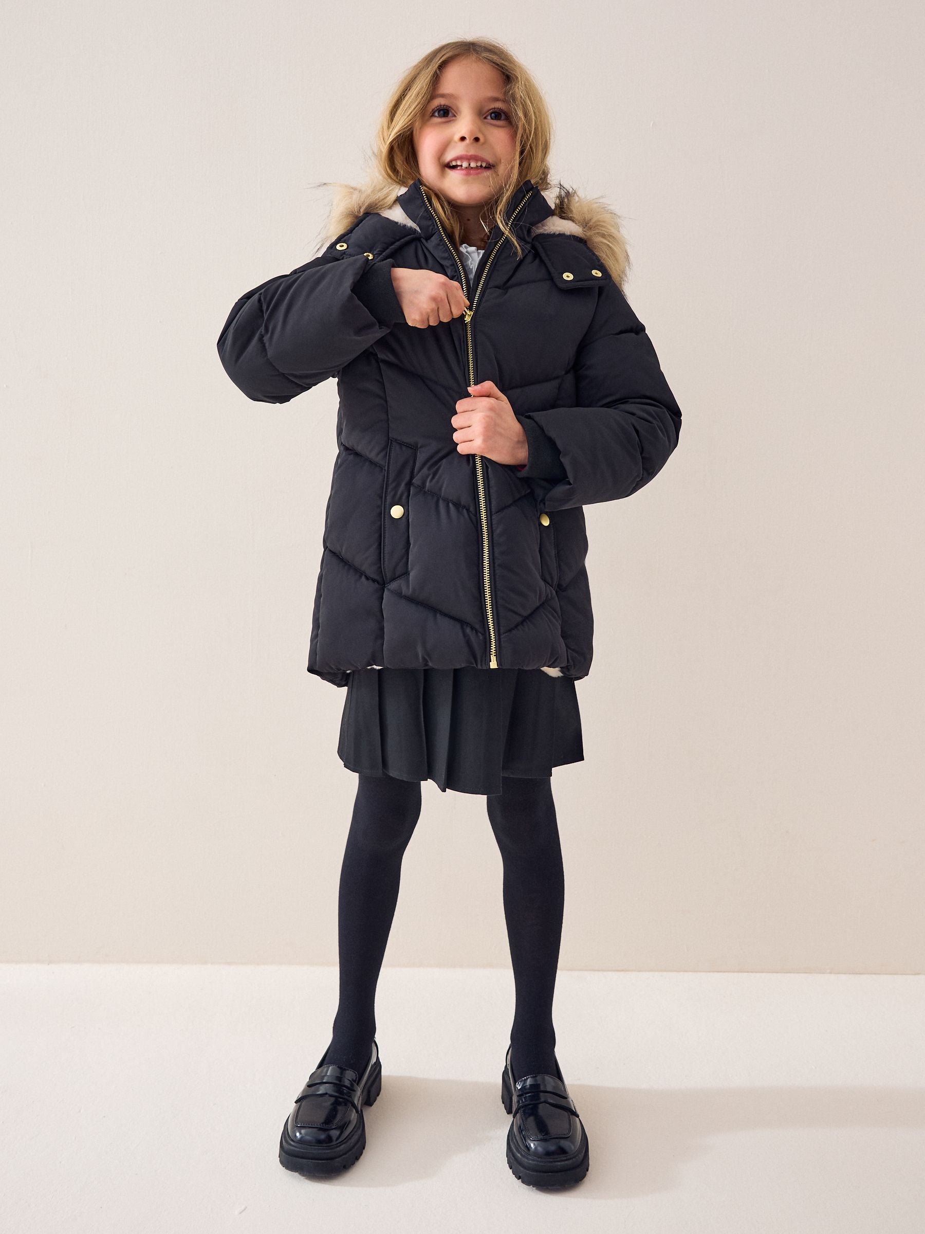 Black Shower Resistant Faux Fur Trim Padded Coat (3-16yrs)
