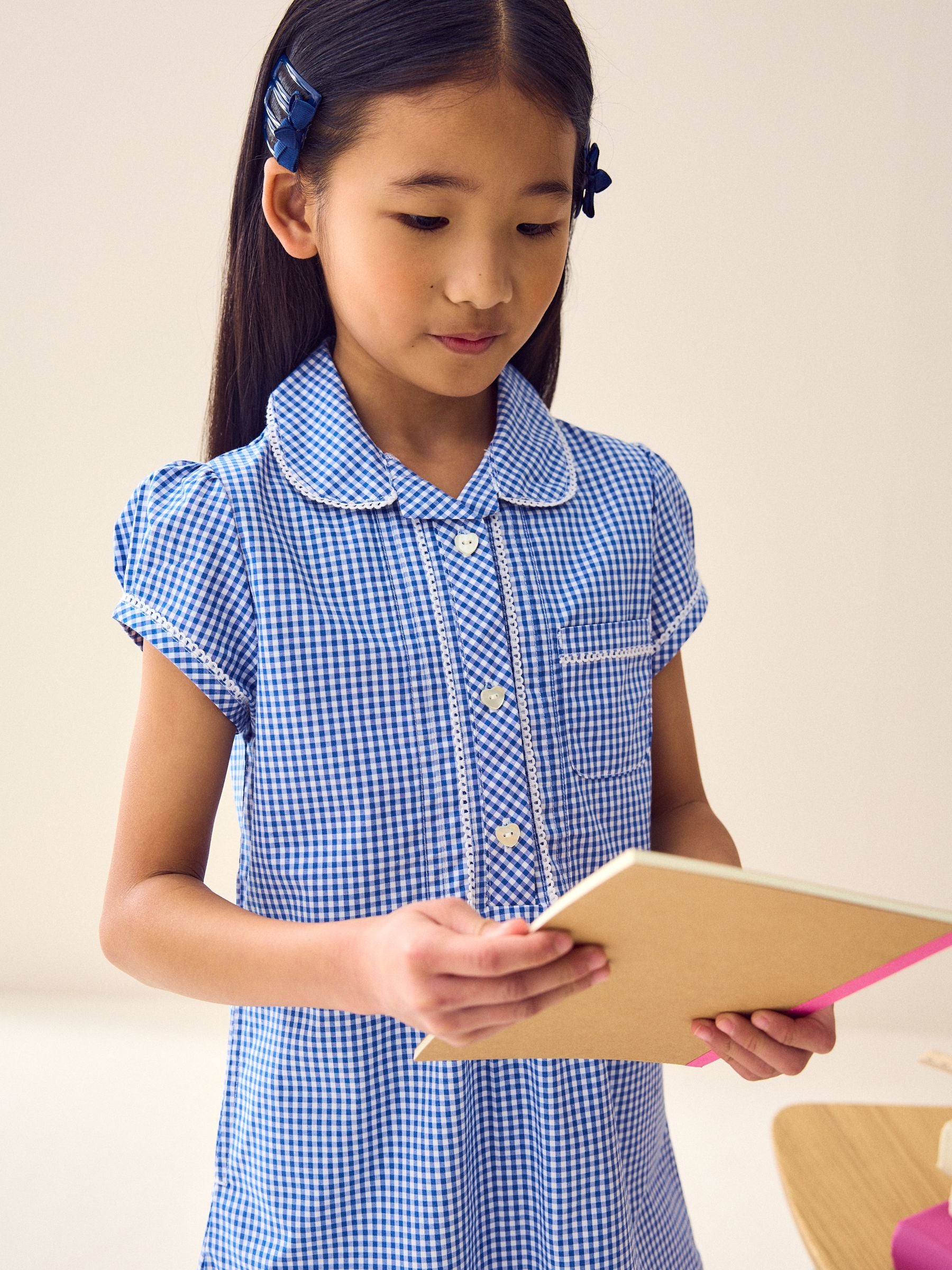 Mid Blue Cotton Rich Button Front Lace Gingham School Dress (3-14yrs)