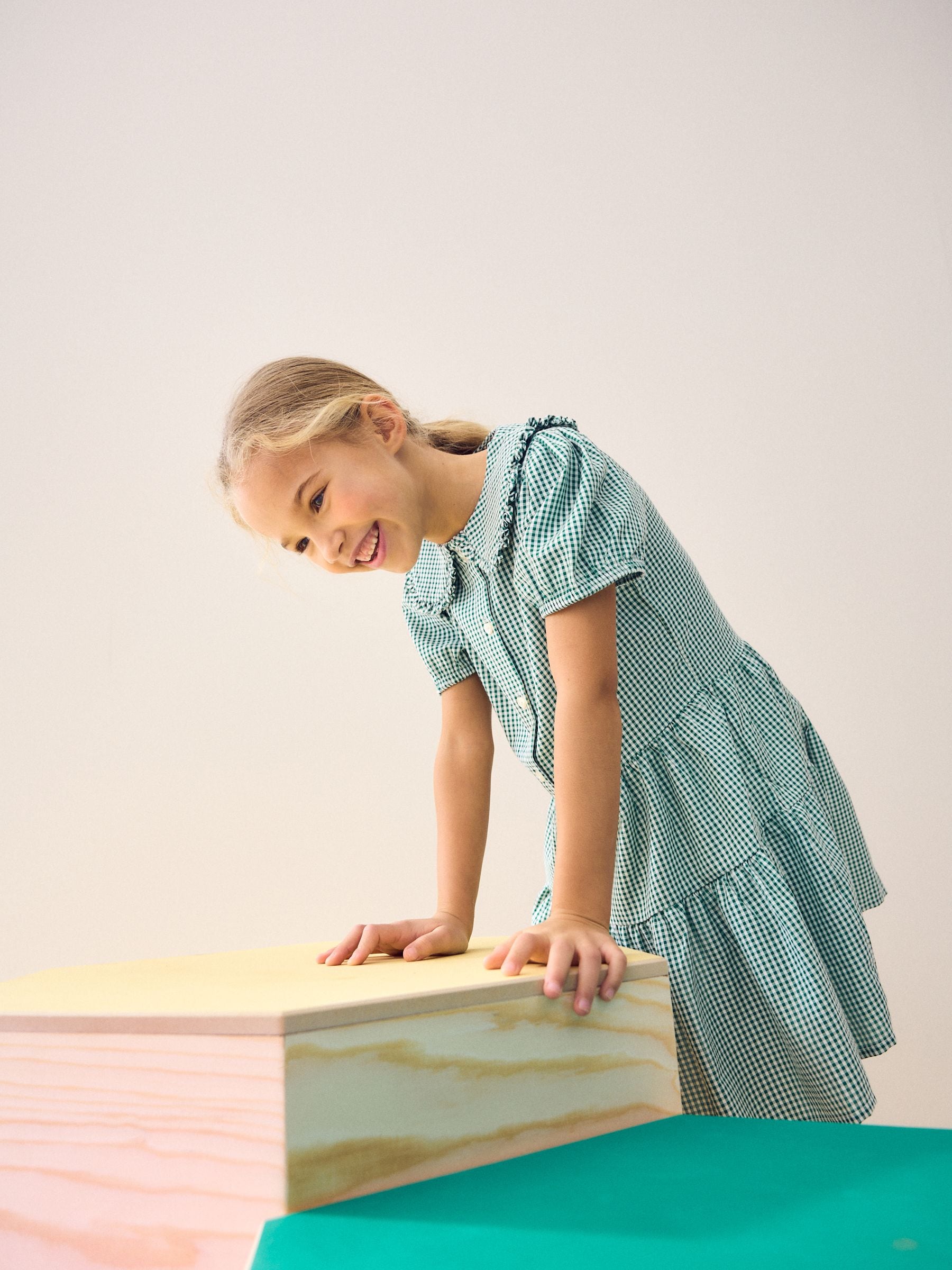 Green Cotton Rich School Gingham Tiered Pretty Collar Dress (3-14yrs)