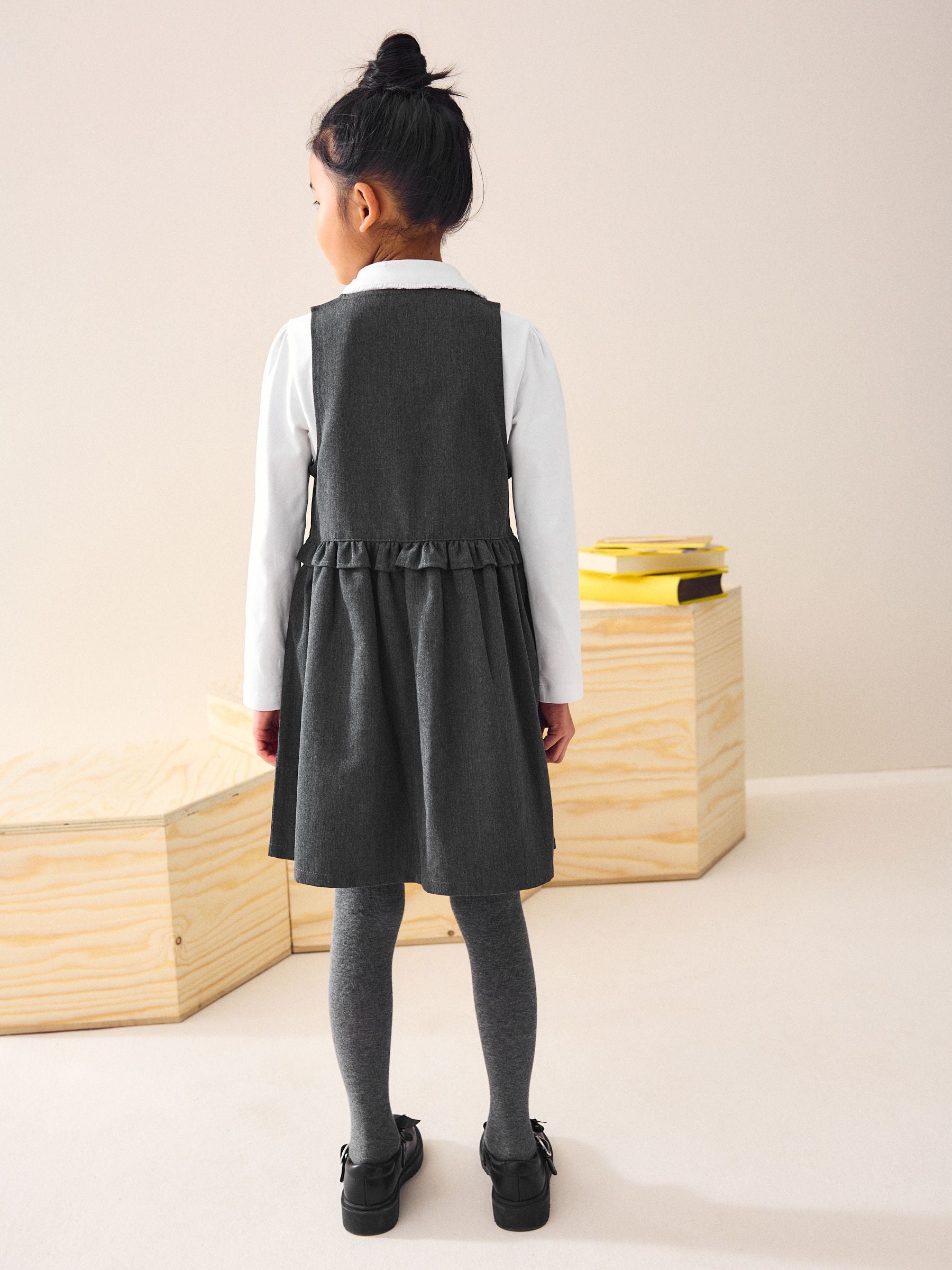 Grey Zip Front Frill Waist School Pinafore Dress (3-14yrs)