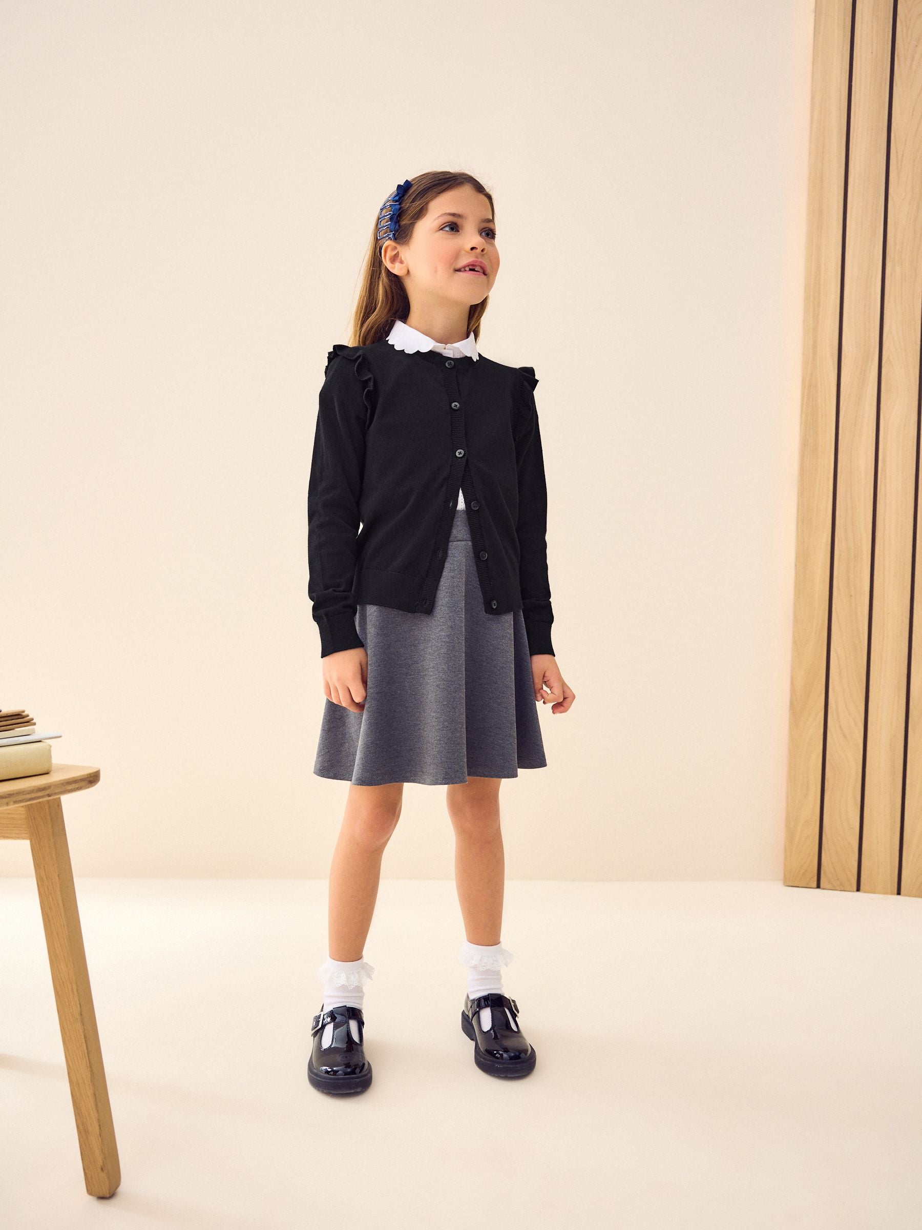 Black Cotton Rich Frill Shoulder School Cardigan (3-16yrs)