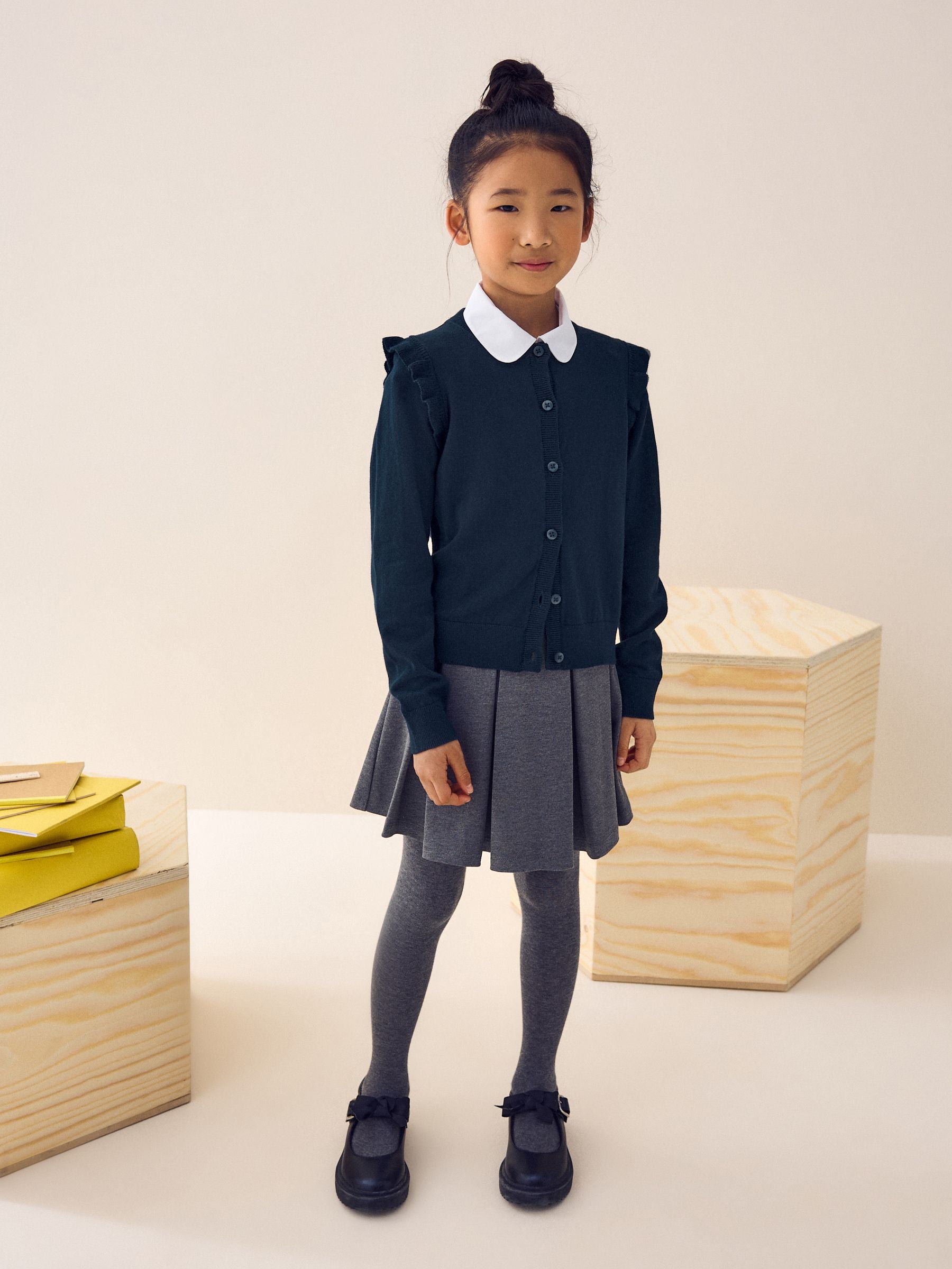 Navy Blue Cotton Rich Frill Shoulder School Cardigan (3-16yrs)