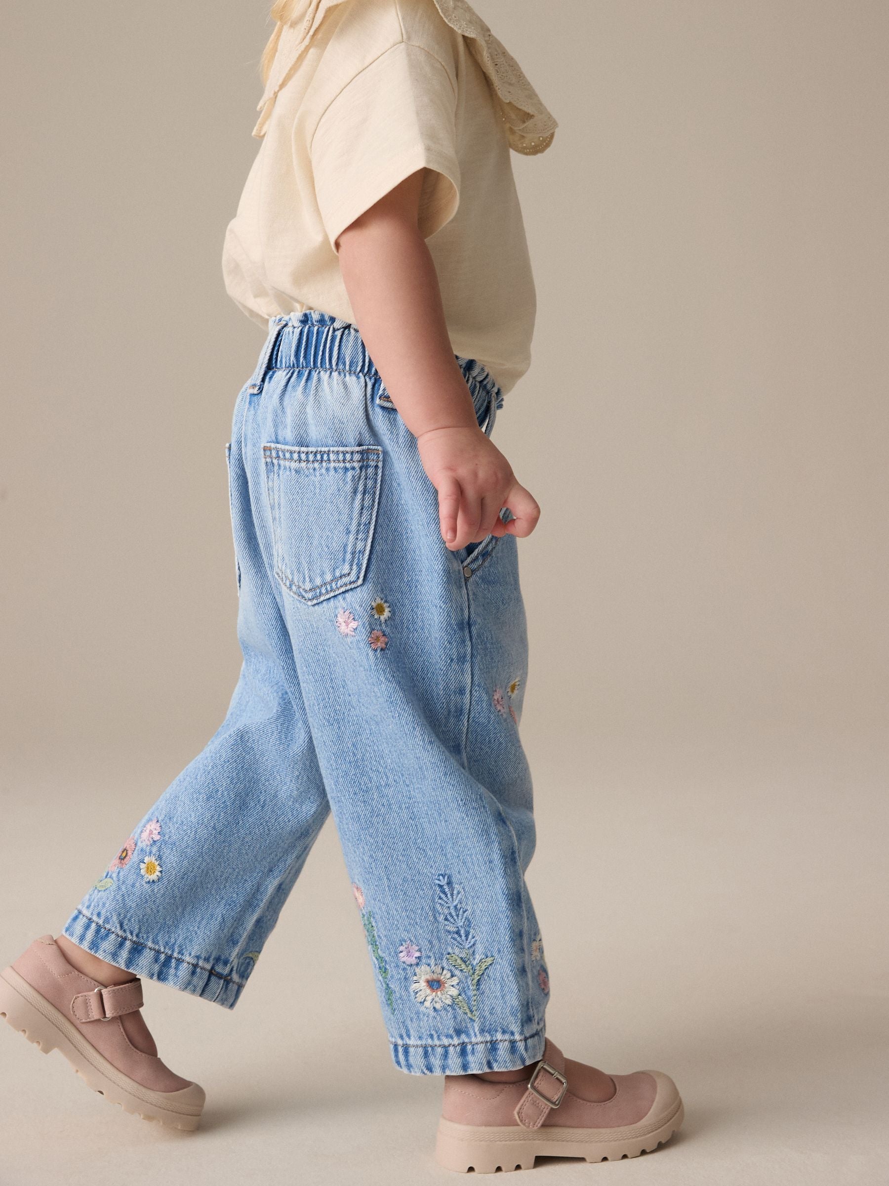 Denim Floral Print Embroidered Barrel-Leg Jeans (3mths-7yrs)