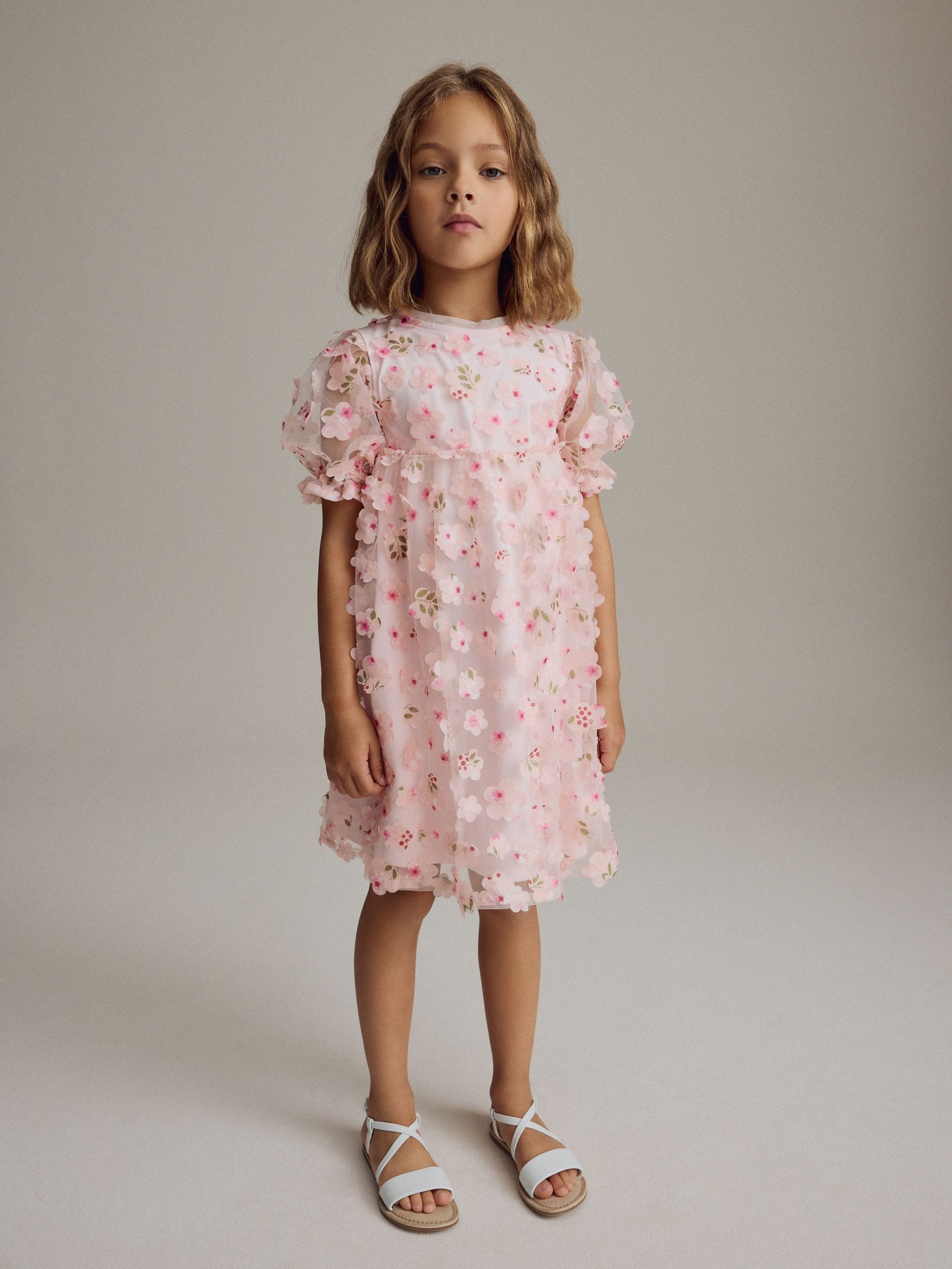 Pink Printed Mesh Flower Party Dress (3-16yrs)