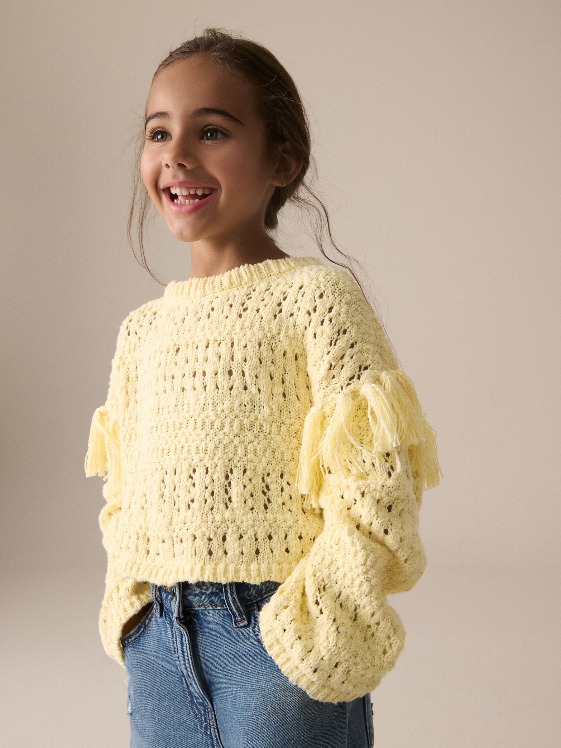 Lemon Yellow Tassle Knitted 100% Cotton Jumper (3-16yrs)