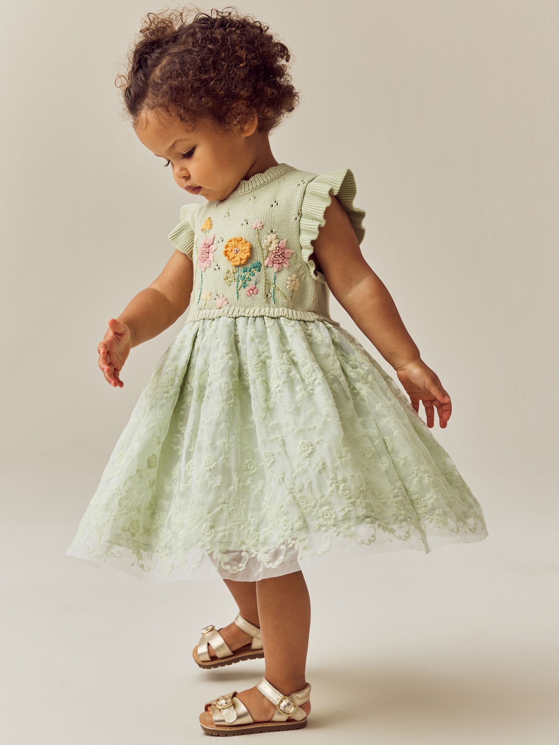 Green Floral Mesh Twofer Dress (3mths-10yrs)