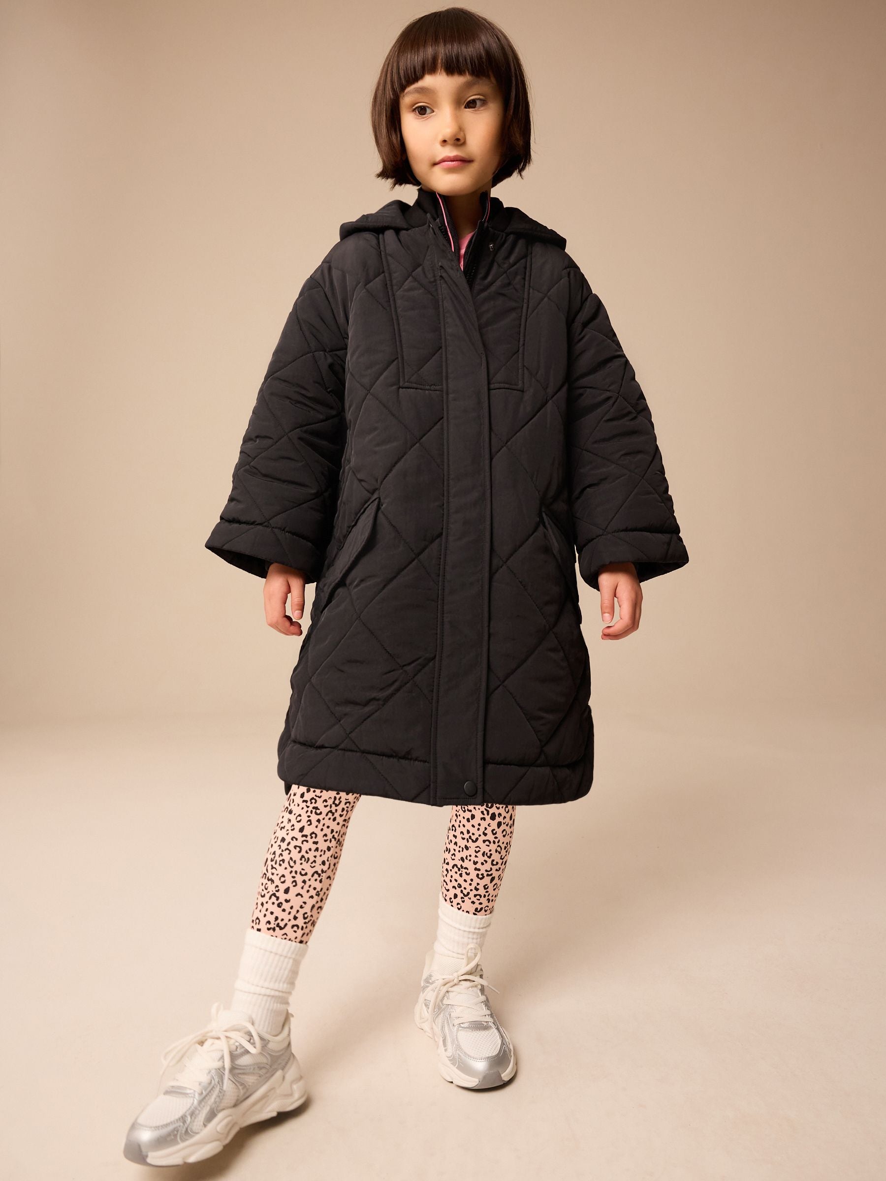 Black Shower Resistant Diamond Quilt Design with Rib Cuff Coat (3-16yrs)