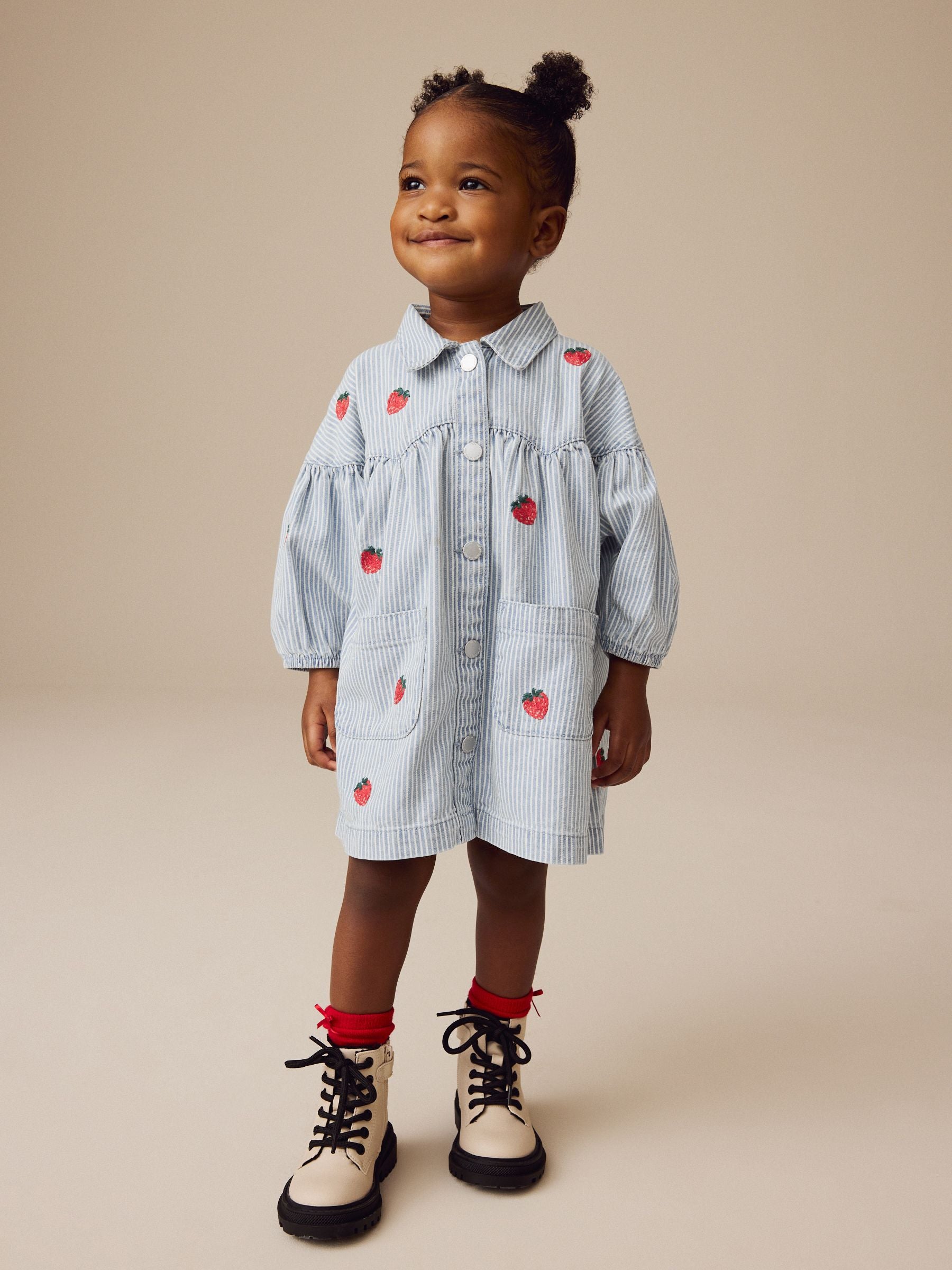 Blue Stripe Strawberry Embroidered Denim Shirt Dress (3mths-8yrs)