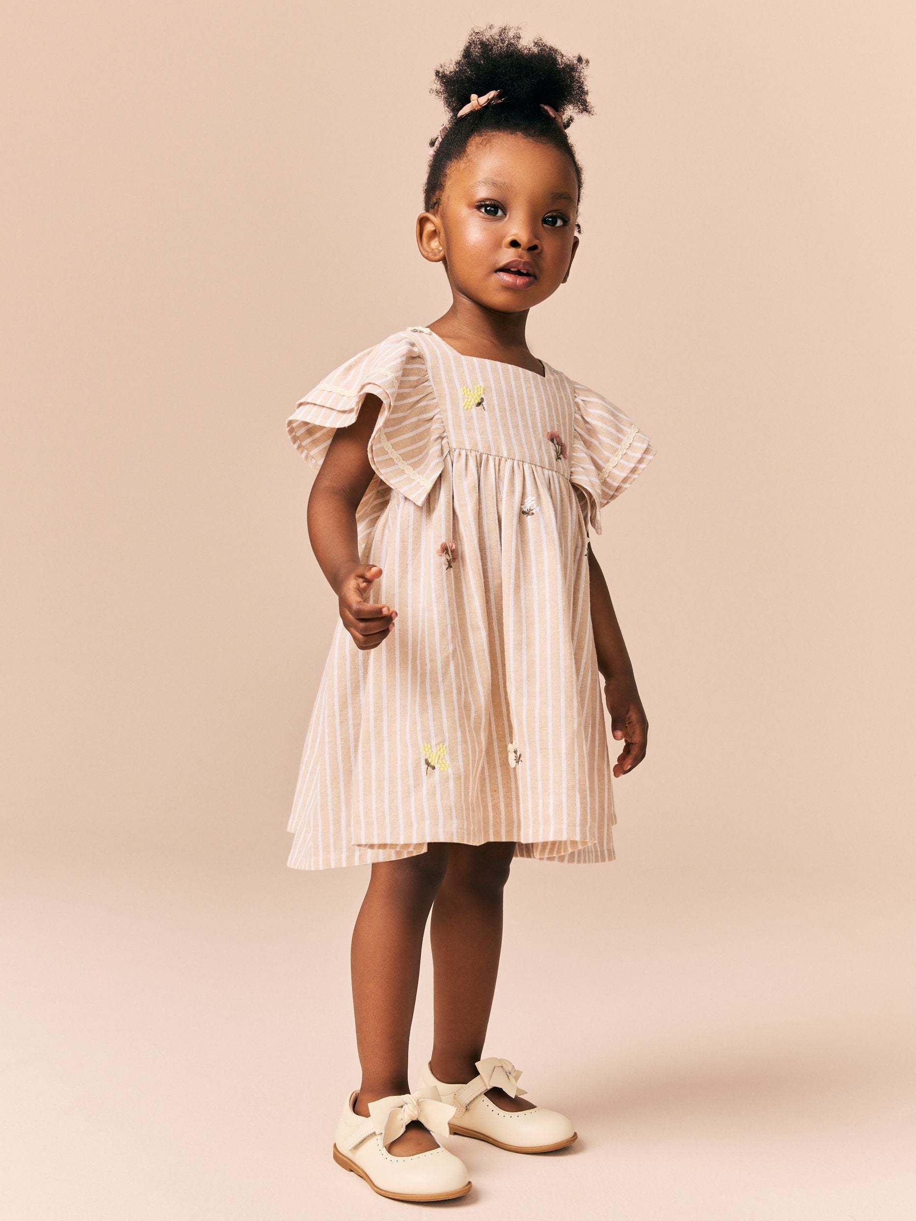 Neutral Stripe Angel Sleeve Summer Dress (3mths-8yrs)