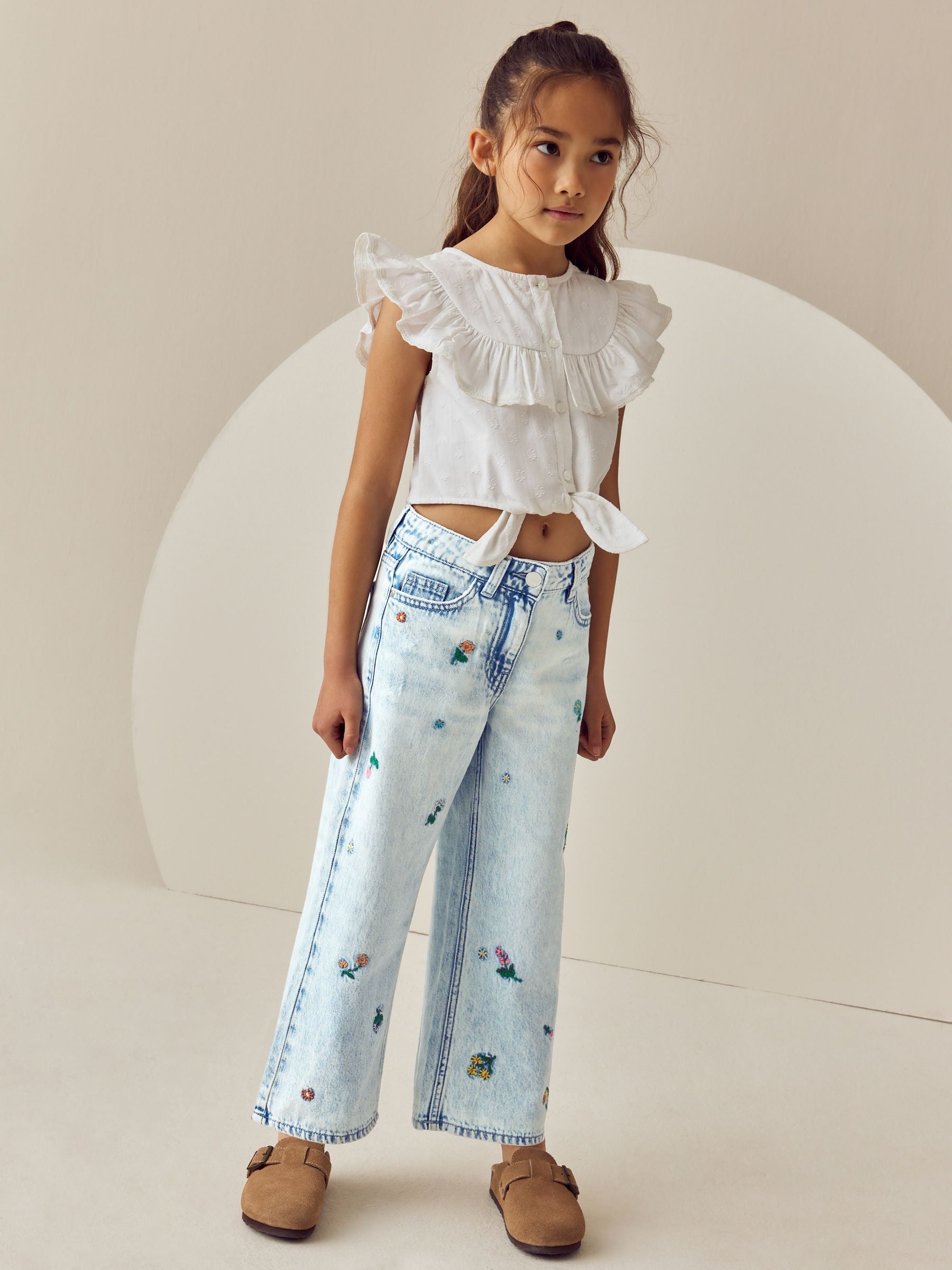 Mid Blue Floral Embroidered Wide Leg 100% Cotton Jeans (3-16yrs)