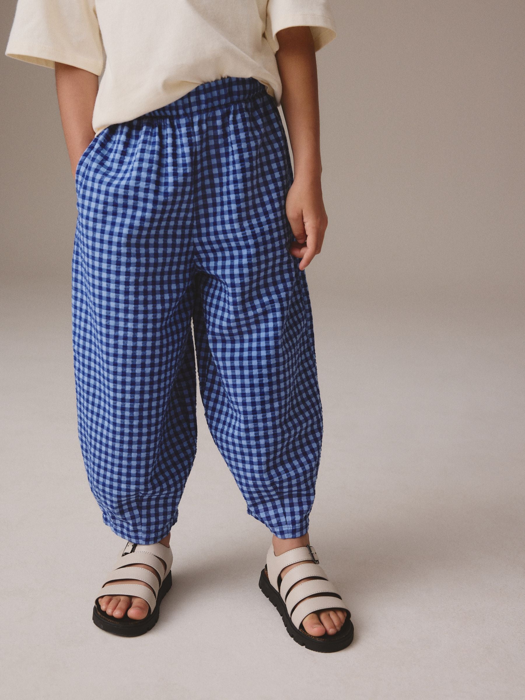 Blue Gingham Barrel Leg Trousers (3-16yrs)