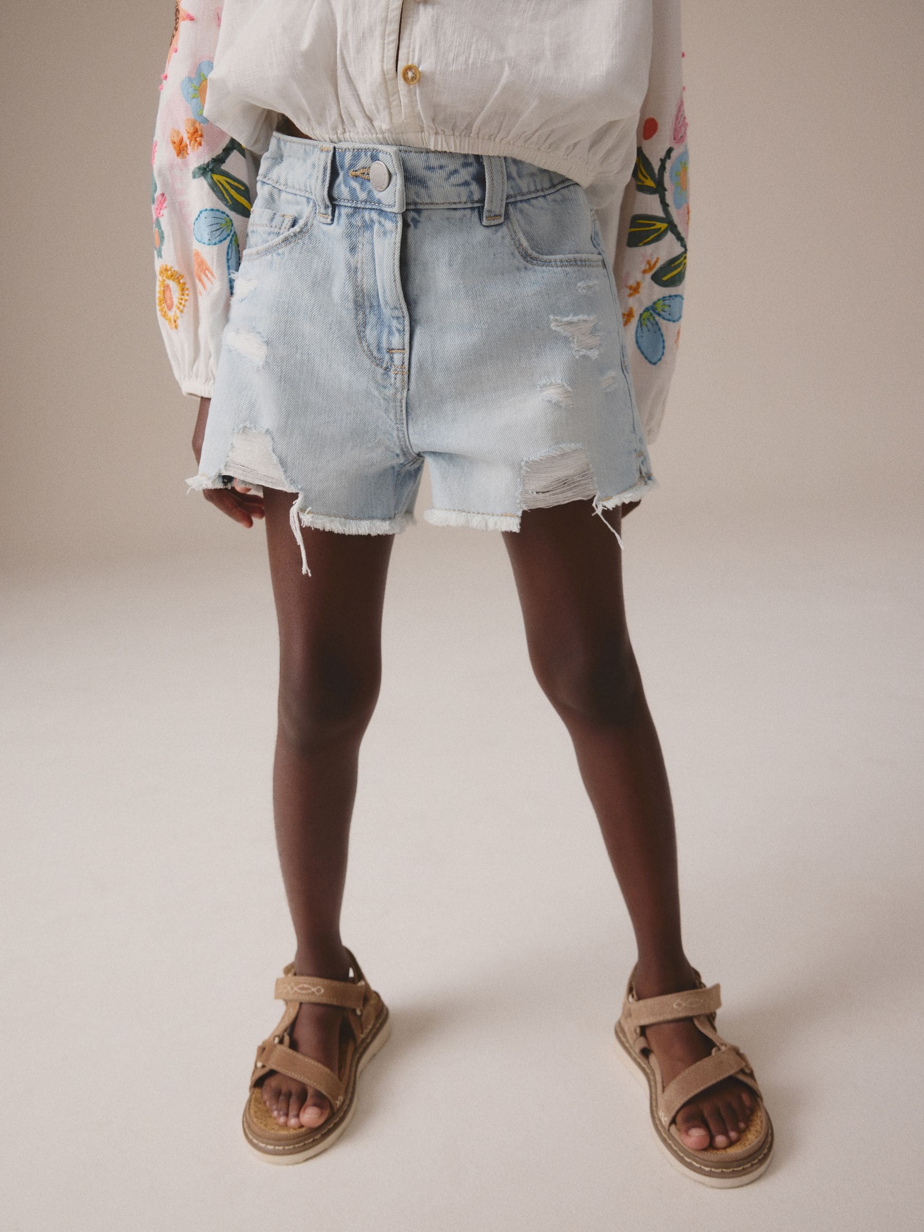 Light Blue 100% Cotton Frayed Edge Distressed Shorts (3-16yrs)