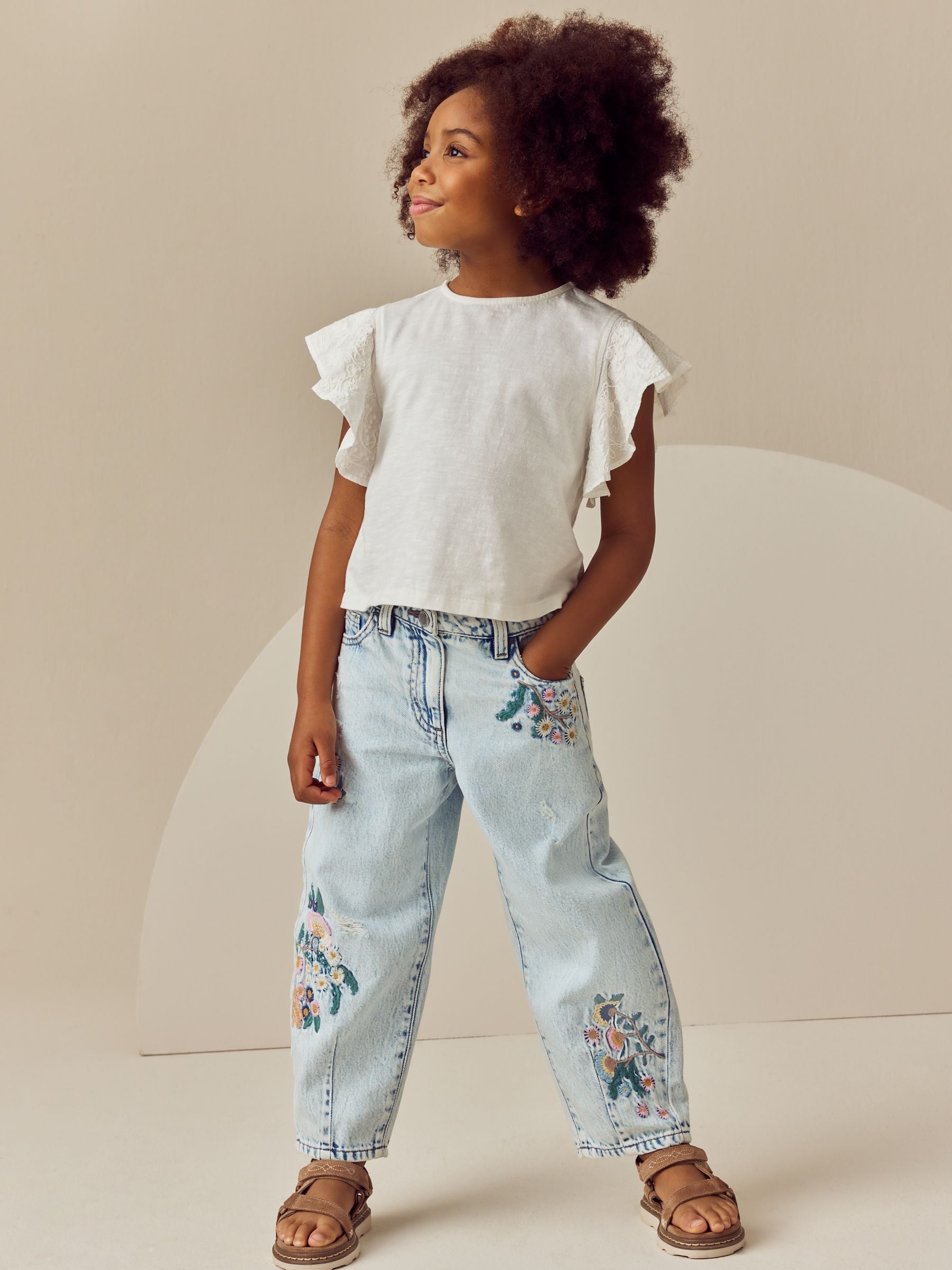 Ecru Cornelli Frill Sleeve 100% Cotton T-Shirt (3-16yrs)