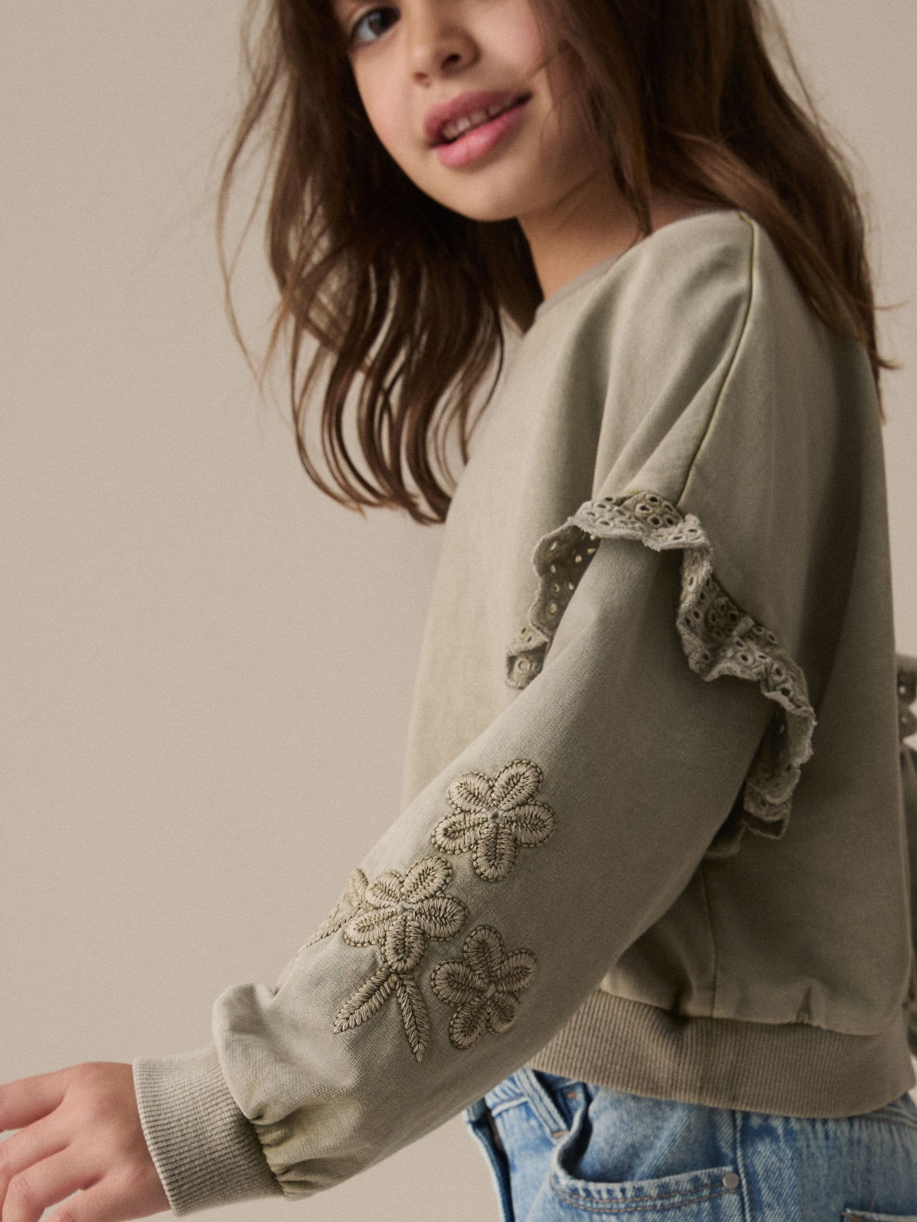Khaki Green 100% Cotton Embroidered Boxy Long Sleeve Sweatshirt (3-16yrs)