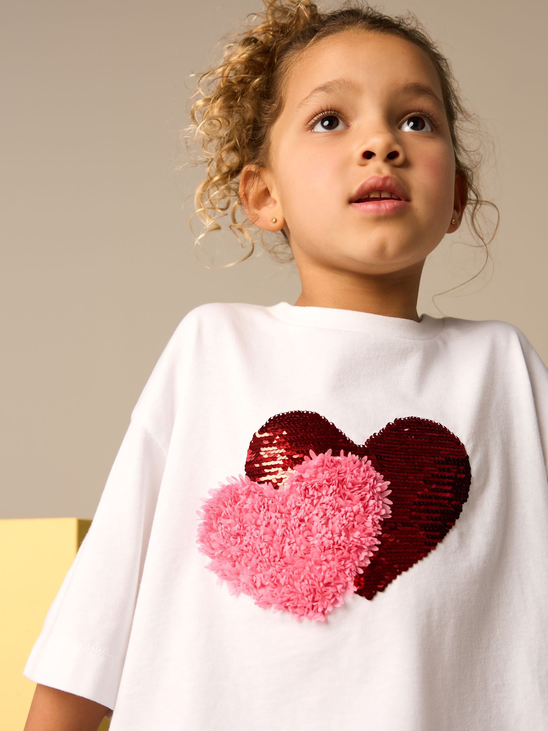 White Sequin Heart Print T-Shirt (3-16yrs)