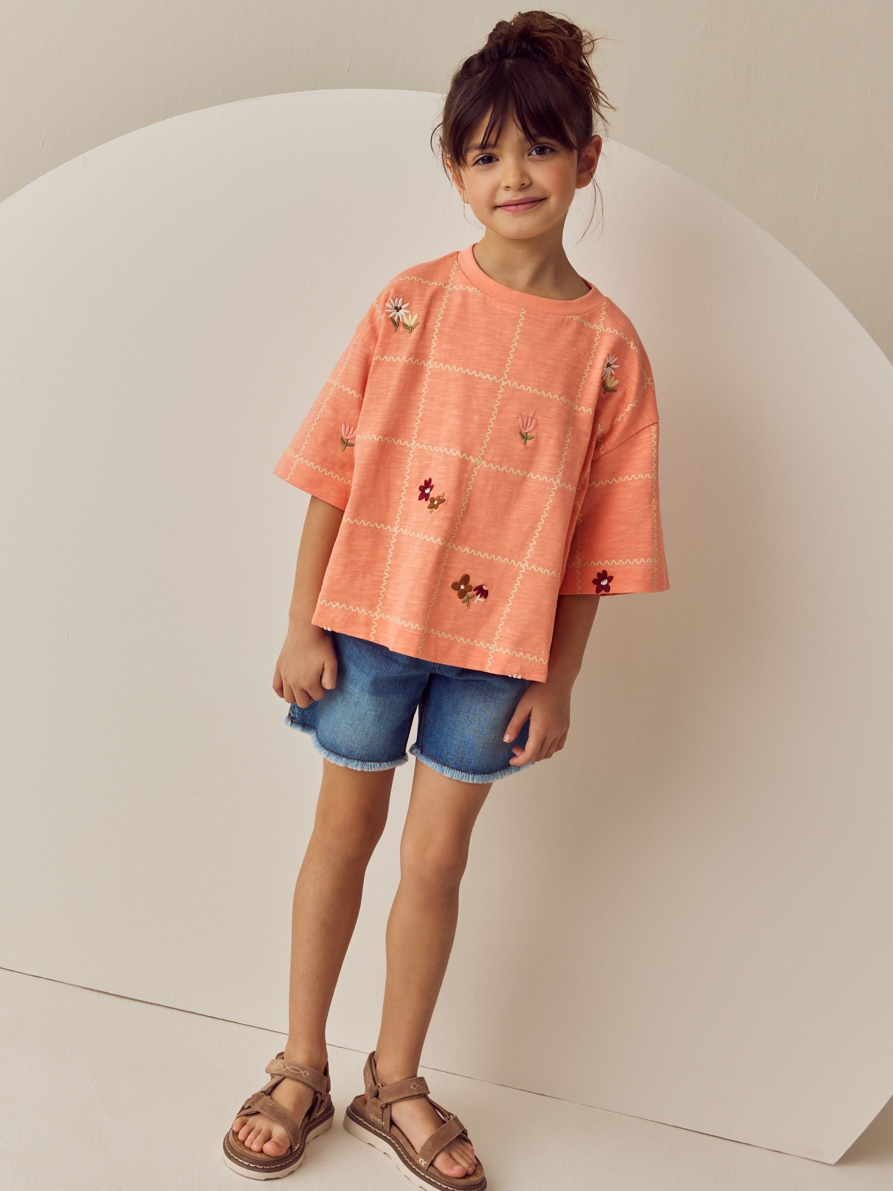 Orange Embroidered 100% Cotton Graphic Print T-Shirt (3-16yrs)