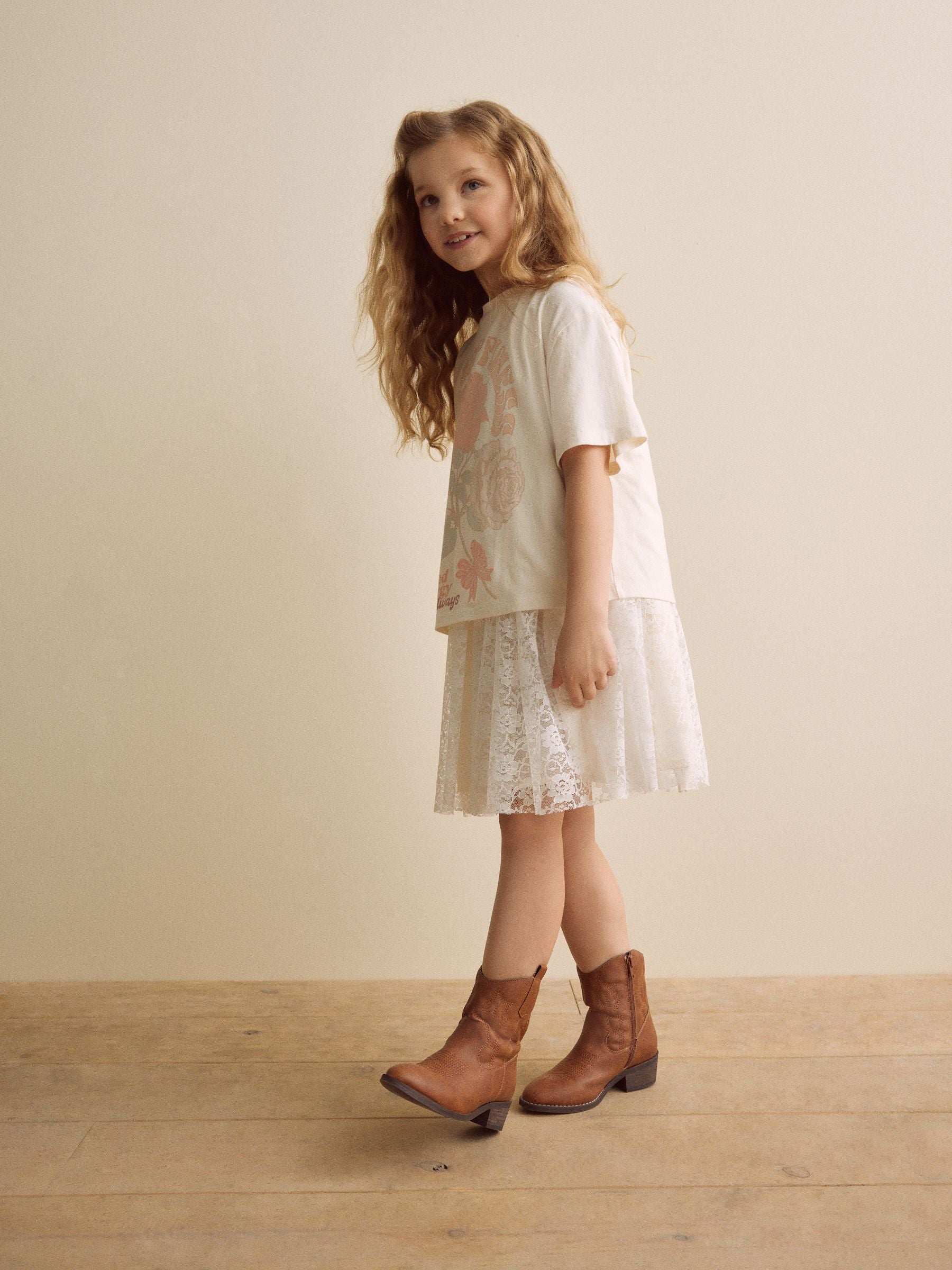 Ecru Oversized Floral Print T-Shirt with Jersey Lace Skirt Dress (3-12yrs)