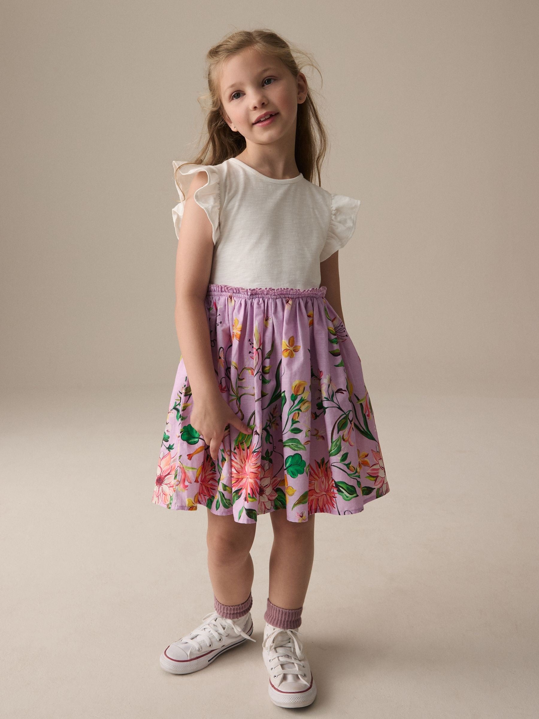 Lilac Purple Floral Print Skirt 100% Cotton Dress (3-12yrs)