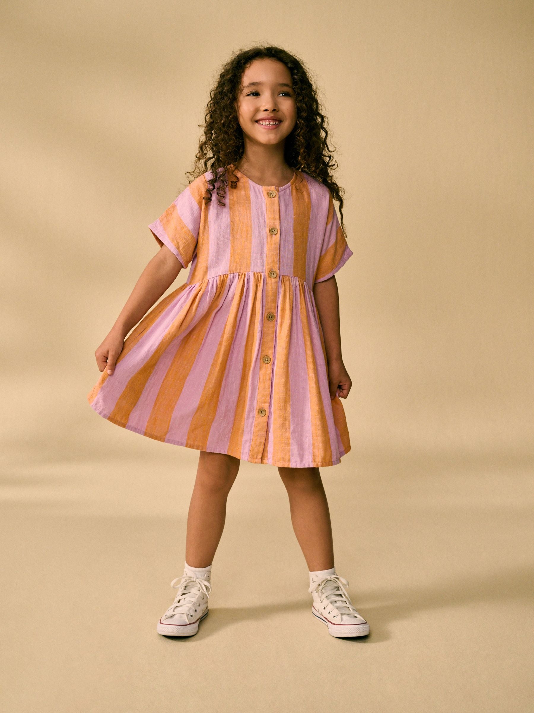 Orange/Pink Stripe Button Dress (3-16yrs)
