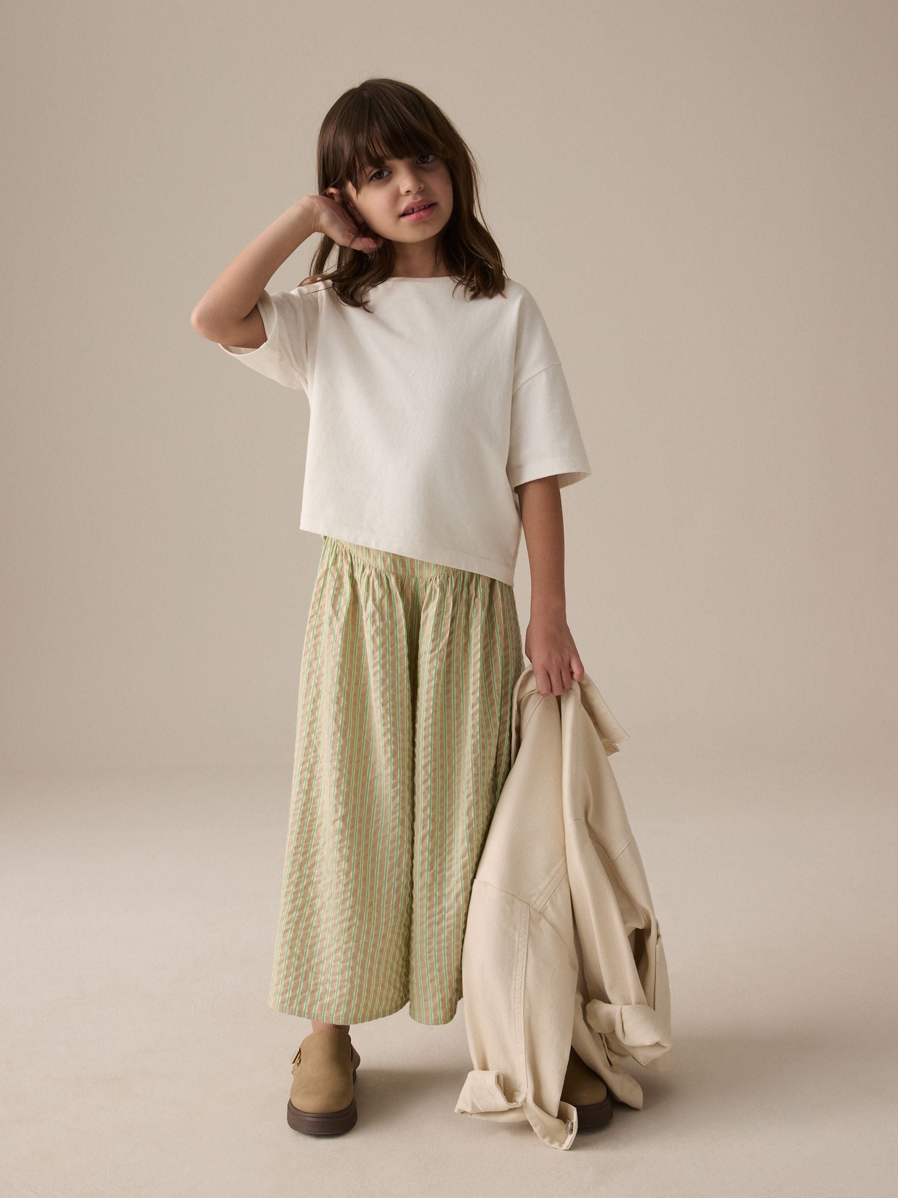 Neutral Green Stripe Culotte Trousers (3-16yrs)